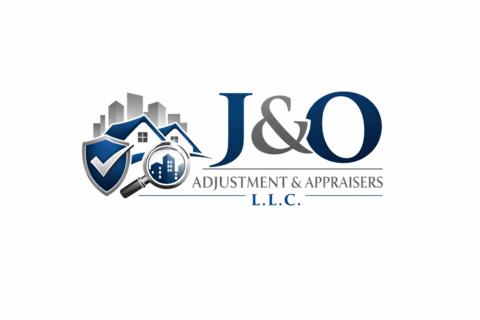 Logo for J&O Adjustment & Appraisers LLC, featuring a shield with a checkmark, a house, a magnifying glass with building icons, and city skyline in the background.