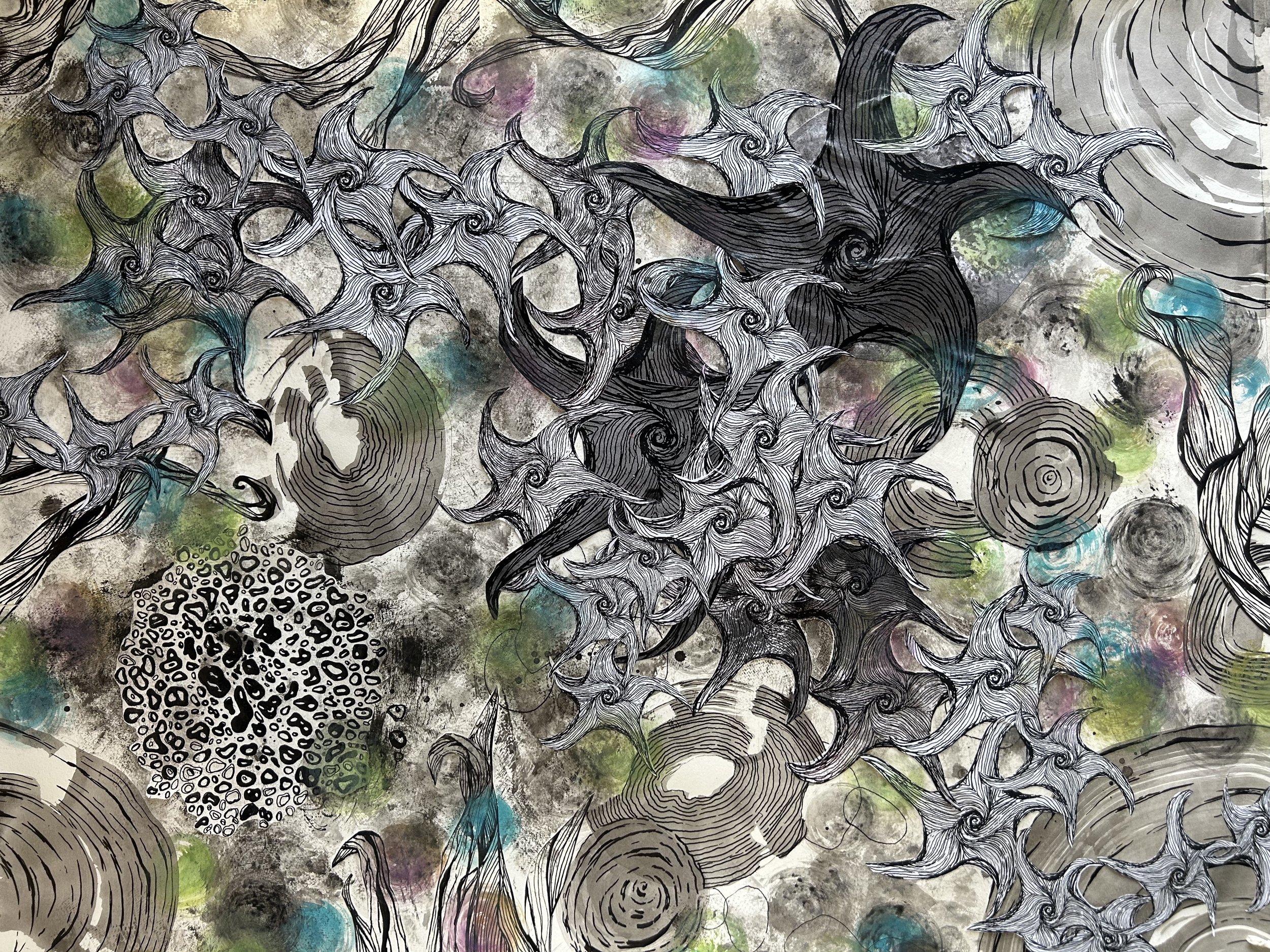 Abstract black ink drawings of swirling, spiky shapes on a watercolor background with circles, splashes of color, and textured patterns.