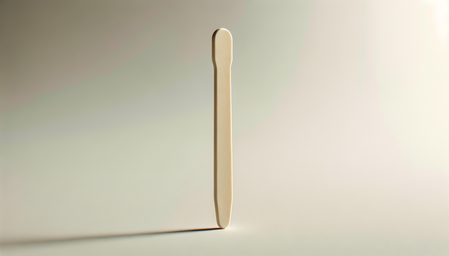 Single beige wooden popsicle stick standing upright on a light-colored surface and wall, casting a shadow to the left.