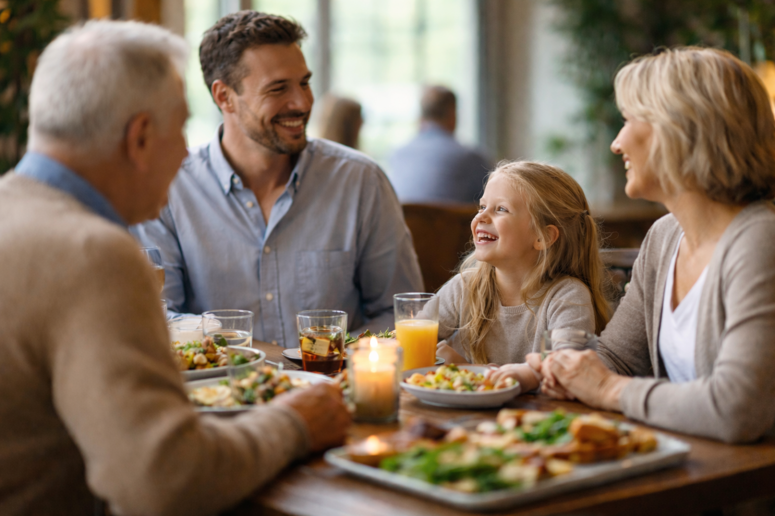 Family having breakfast together at a restaurant, smiling and engaging with each other, with food and drinks on the table.