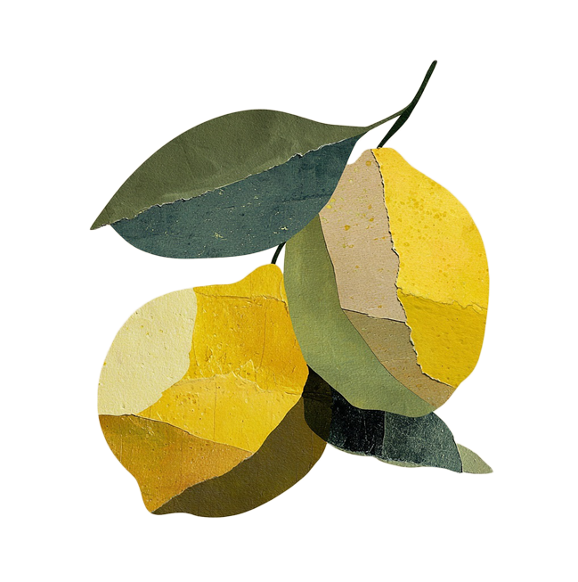 Illustration of a lemon with green leaves. The lemon appears to be made of collaged paper with yellow and green tones.