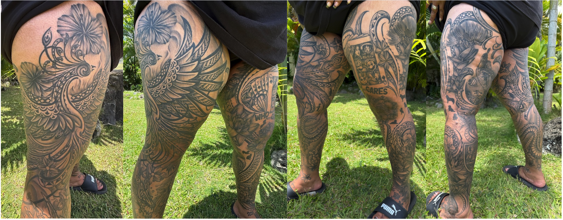 Multiple detailed black ink tattoos cover both thighs and legs of a person, featuring floral patterns, a bird, faces, and text, set outdoors on a grassy area.