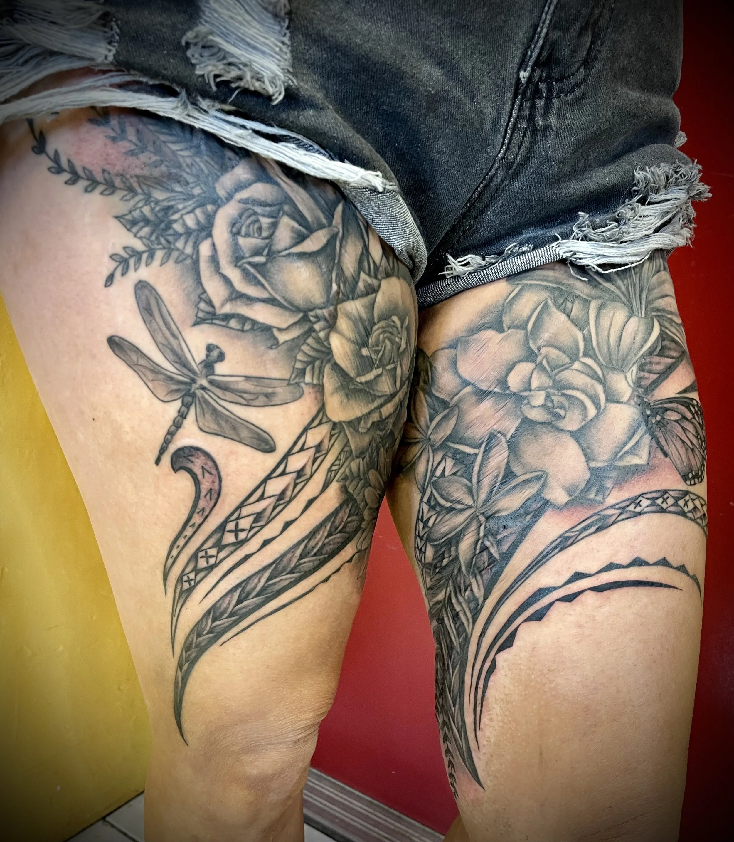 Legs Dragonfly Floral Custom Polynesian Trbial Monarch Tattoo Hawaii.jpeg