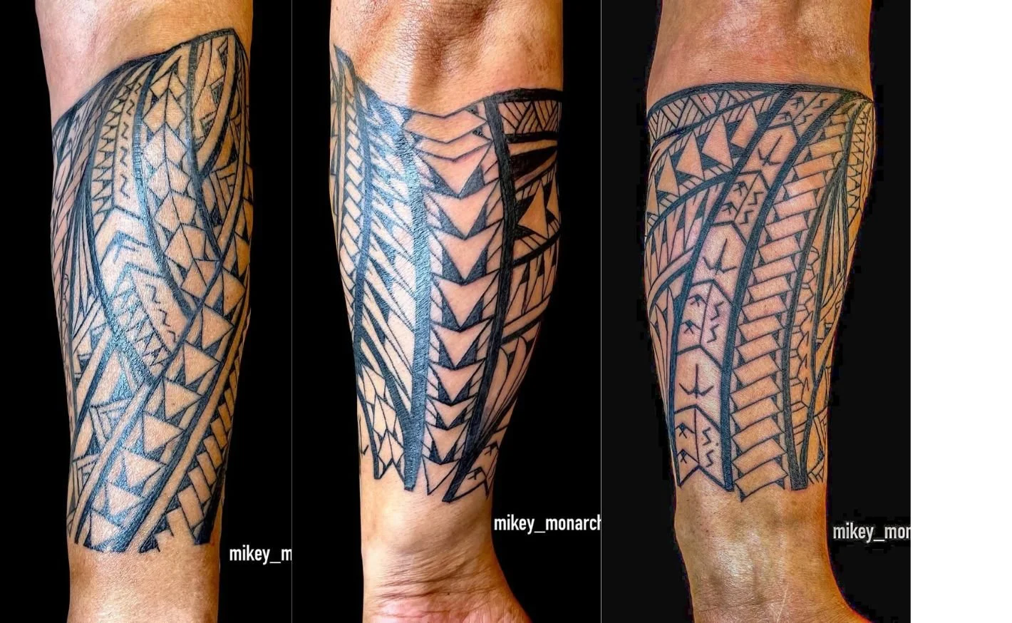 Close-up of a geometric tribal tattoo on a person's forearm featuring black lines and patterns all around.