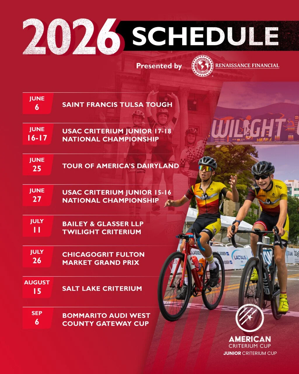 We&rsquo;re excited to announce the schedule for the 2026 ACC Junior Criterium Cup presented by Renaissance Financial (@renaissancefinancial)! 💥🚴&zwj;♂️

Our Junior Series gives athletes ages 15-16 and 17-18 a chance to shine on the same iconic sta
