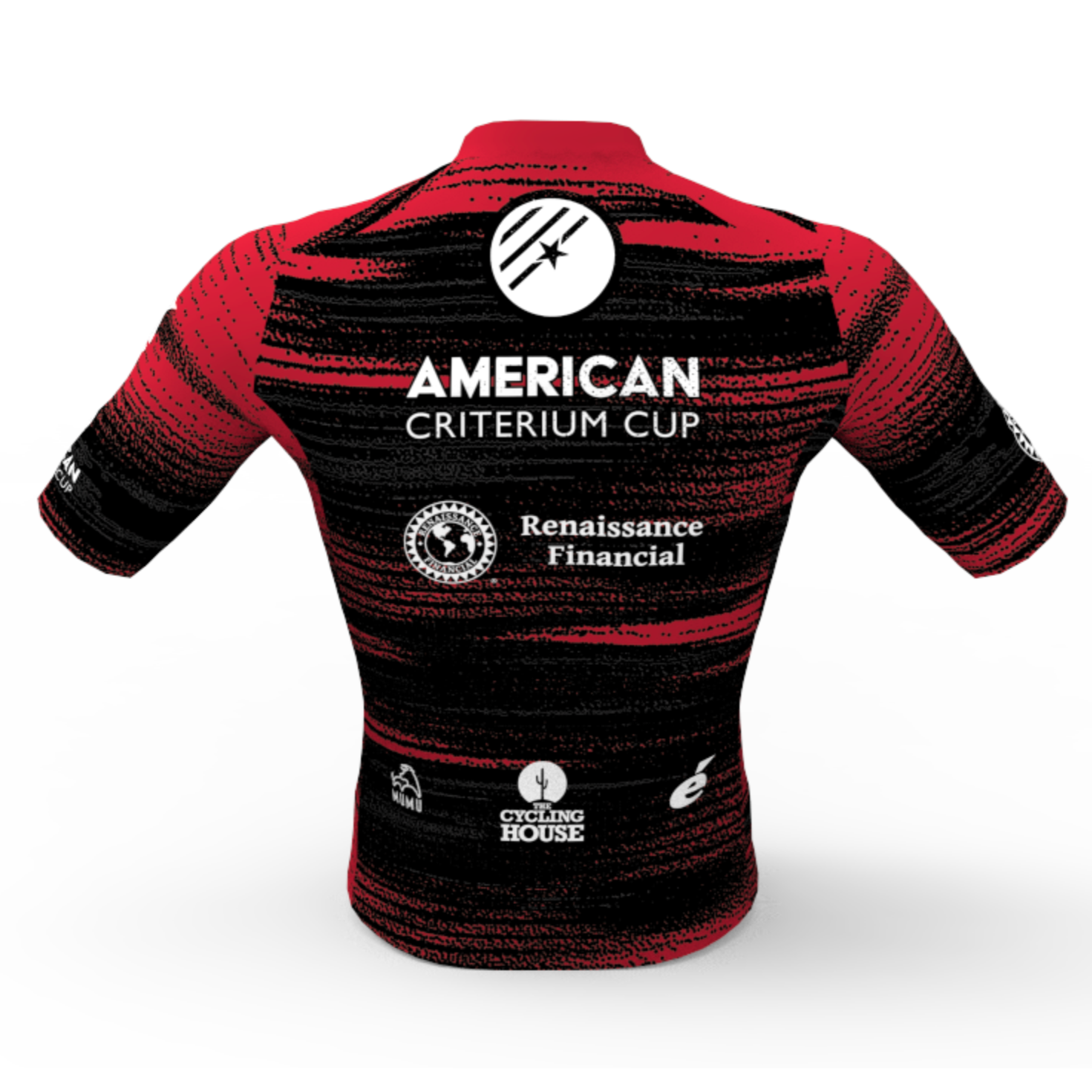 Red and black cycling jersey with sponsor logos and the event name "American Criterium Cup".