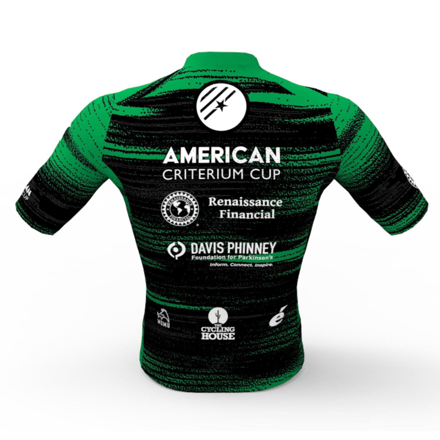 Back of a green and black cycling jersey with sponsor logos for the American Criterium Cup, Renaissance Financial, Davis Phinney Foundation, and others.
