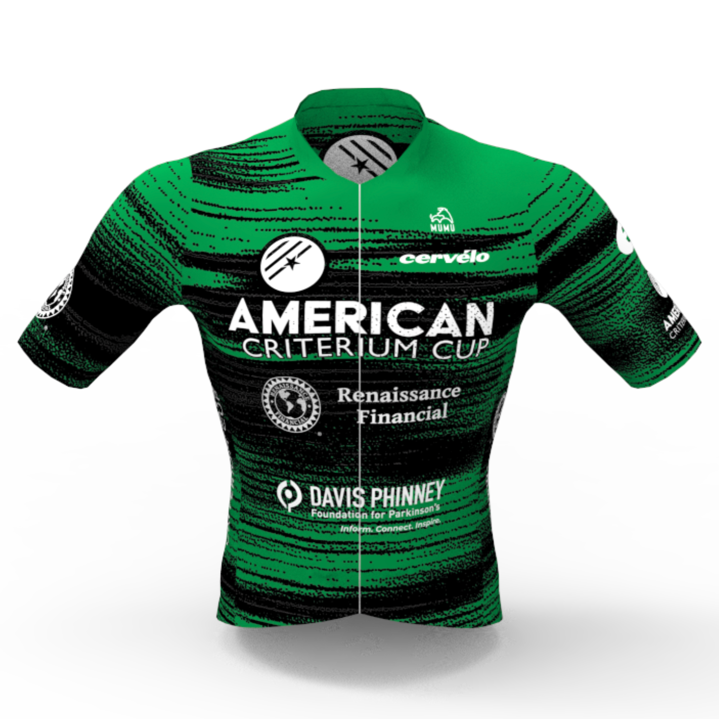 Green and black cycling jersey with multiple sponsor logos, including 'American Criterium Cup,' 'Renaissance Financial,' and 'Davis Phinney Foundation for Parkinson's'.
