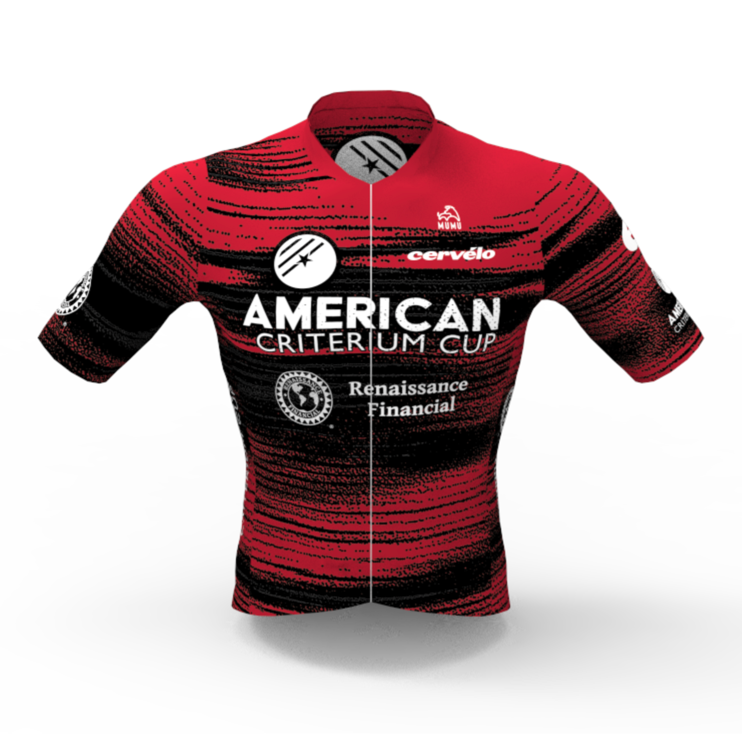 Red and black cycling jersey with various sponsor logos, including 'American Criterium Cup' and 'Renaissance Financial'.