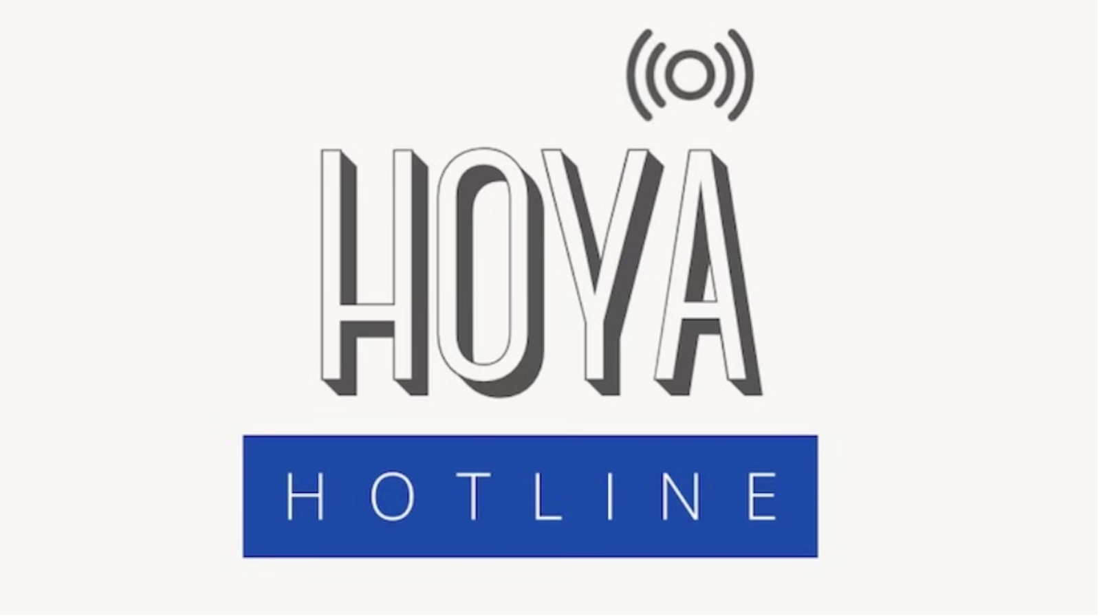 Logo for HOYA Hotline, featuring the word 'HOYA' in bold black and white letters with a signal icon above, and 'HOTLINE' written in white on a blue background.