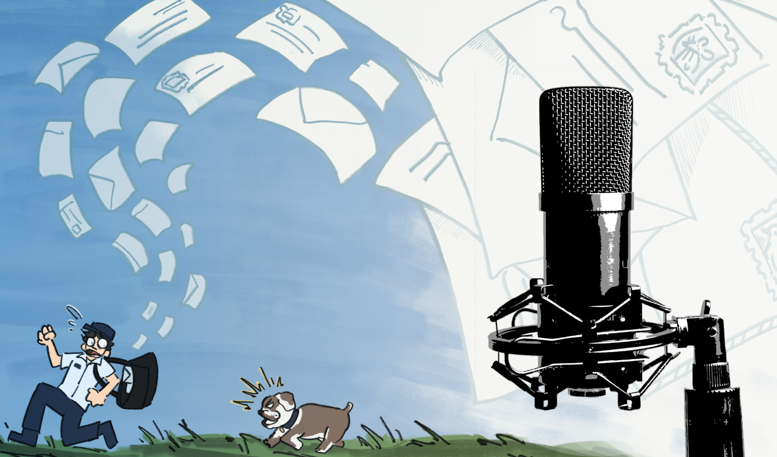 Illustration of a surprise recording studio setup with a large microphone, a cartoon man running with a bag, a startled dog, and paper notes flying in the air.