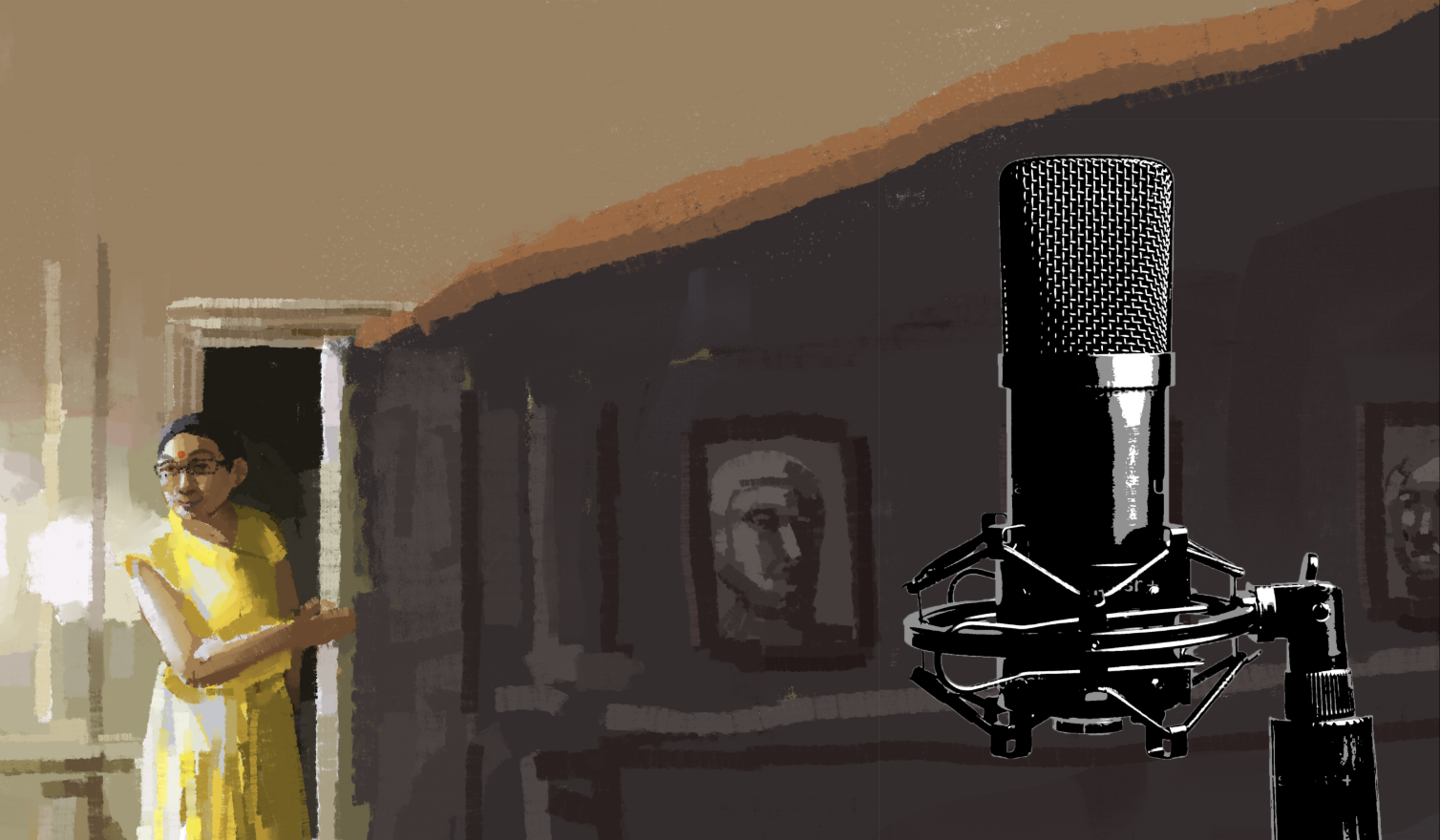 A woman in a yellow dress standing near a door with framed art on the walls, and a large studio microphone in the foreground.