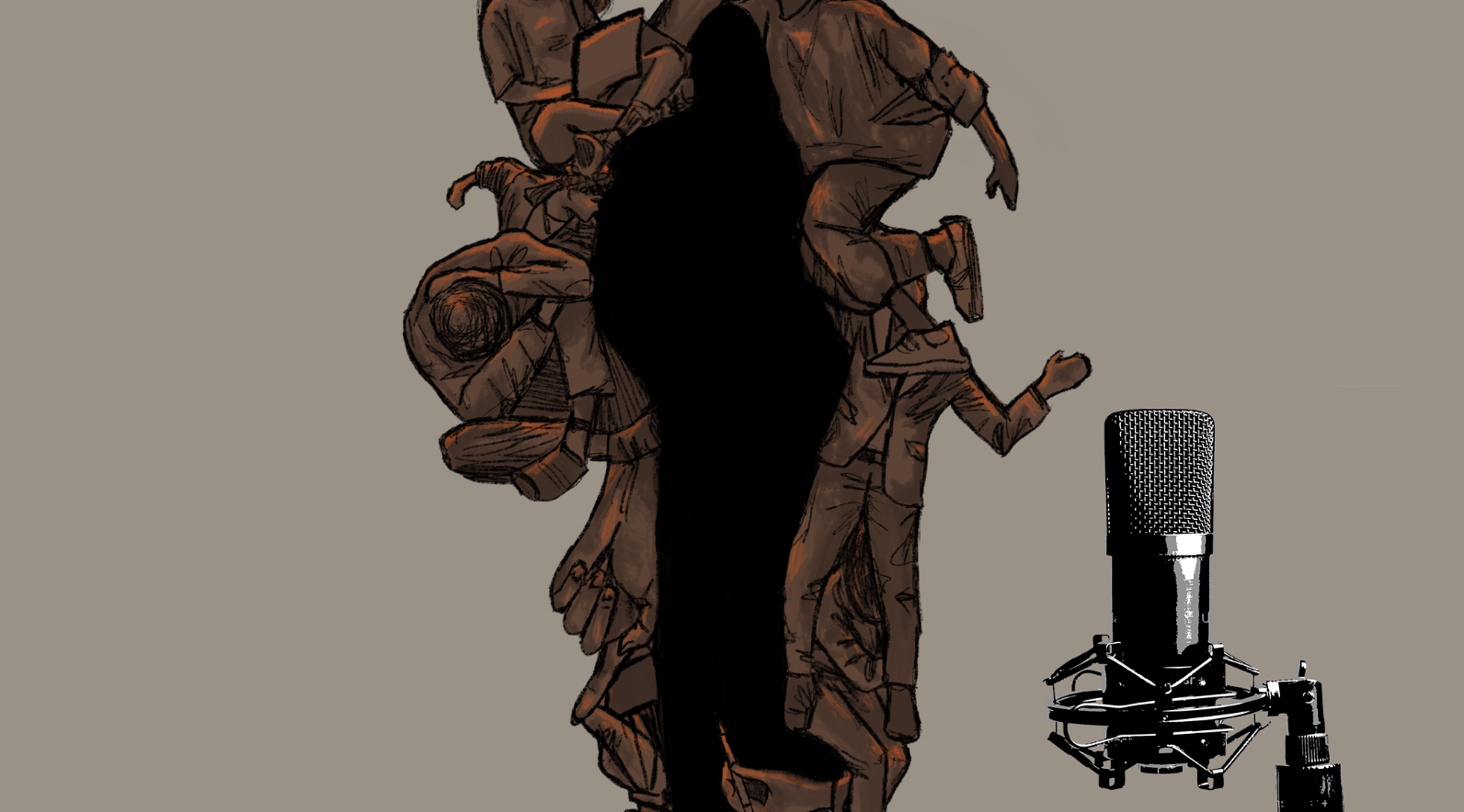 A silhouette of a person with long hair standing in front of a microphone, with an illustrated background of multiple people seated and talking, against a neutral backdrop.