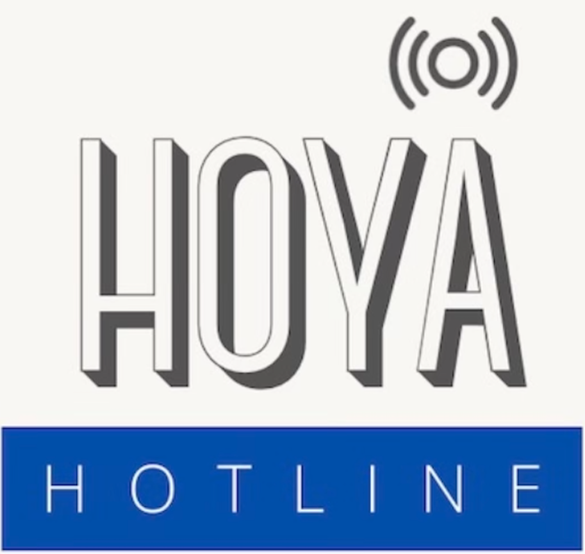 Logo for HOYA Hotline, featuring the word 'HOYA' in bold black and white letters with a signal icon above, and 'HOTLINE' written in white on a blue background.