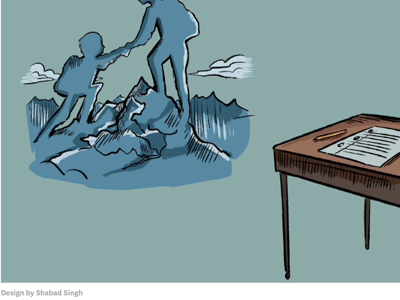 Illustration of two human figures climbing a mountain, with one helping the other, alongside a wooden table holding a clipboard and a pen.