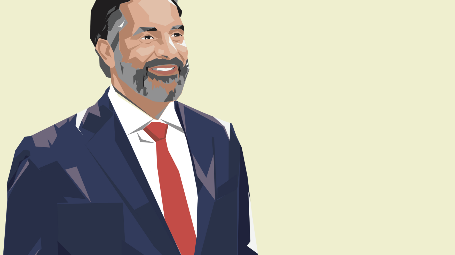 Digital illustration of a smiling man in a navy suit with a red tie, white shirt, dark hair, and a grey beard, against a light background.