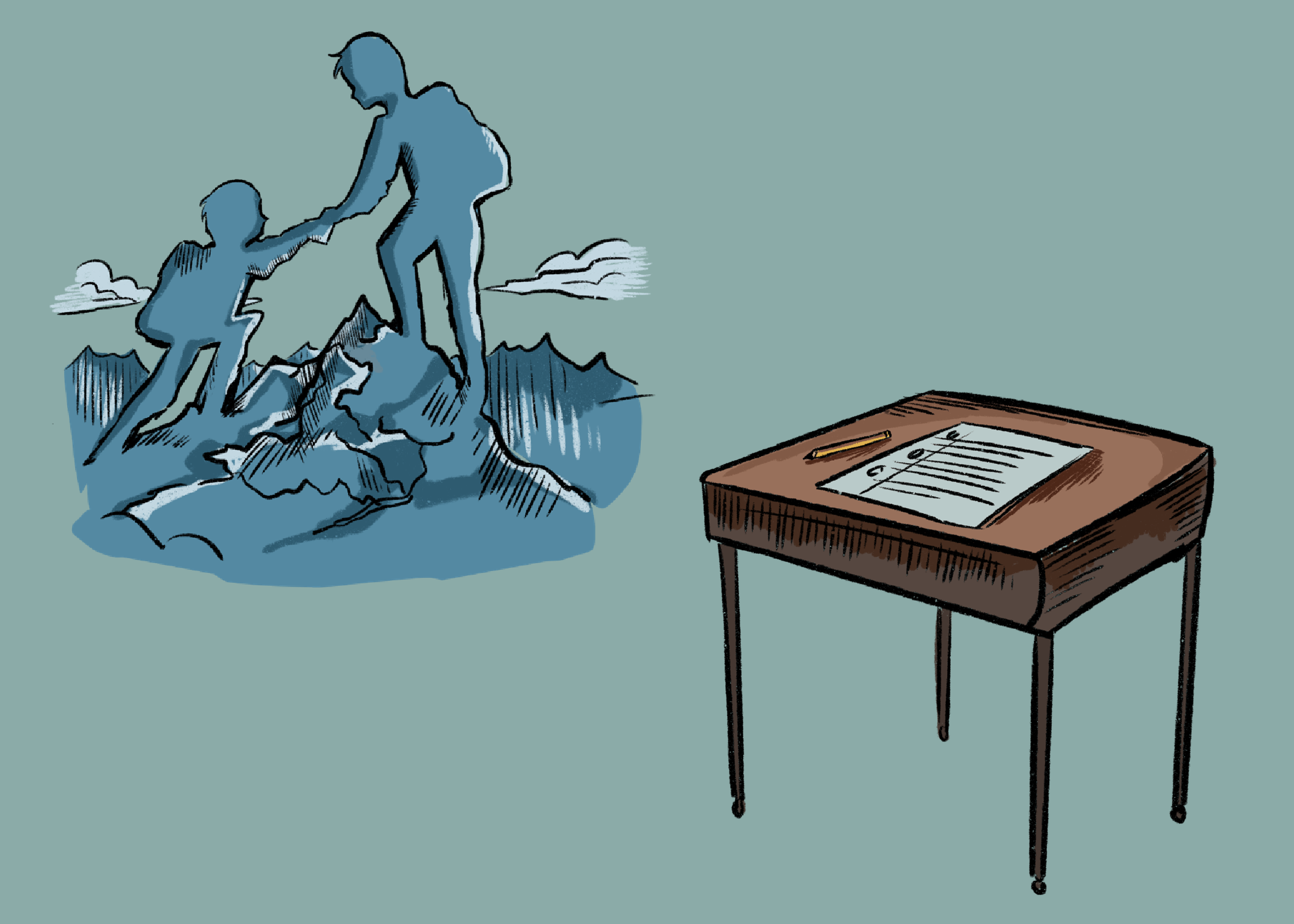 Illustration of two human figures climbing a mountain, with one helping the other, alongside a wooden table holding a clipboard and a pen.