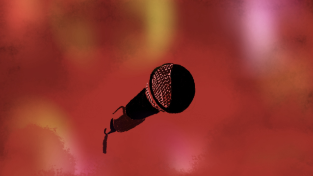 Black silhouette of a microphone against a colorful, blurred background.