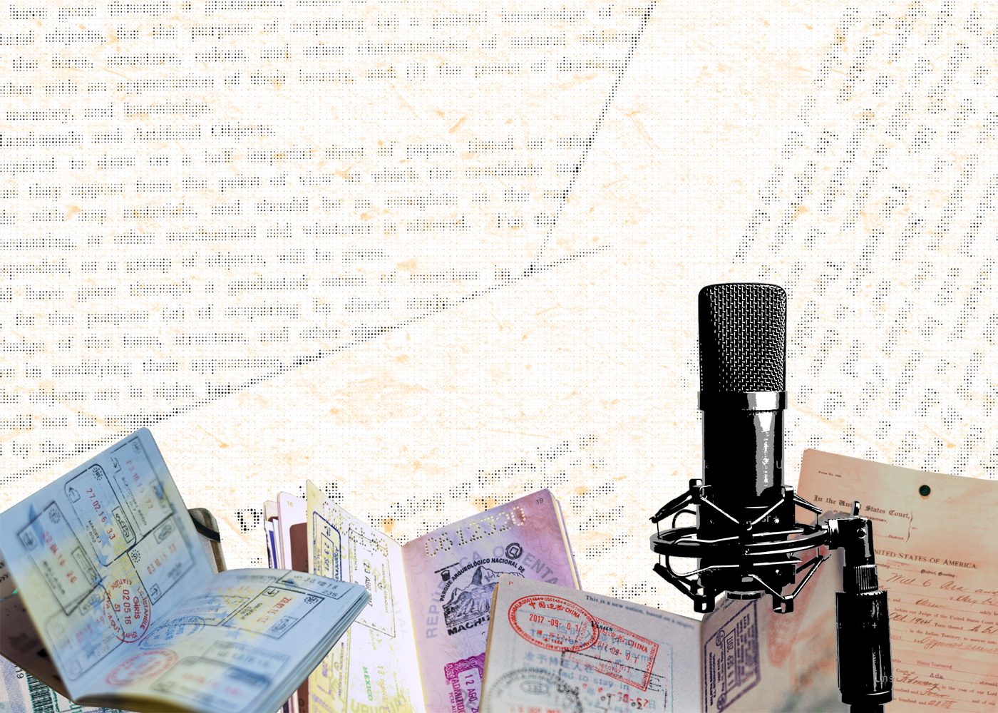 Open travel documents and passports on a table with a microphone nearby.