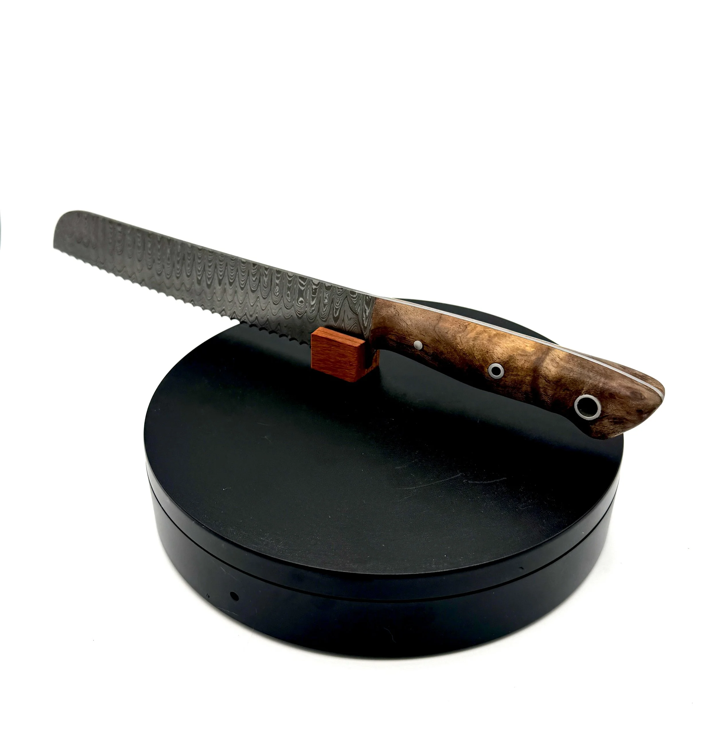 Damascus Steel Bread Knife with Neem Burl Handle