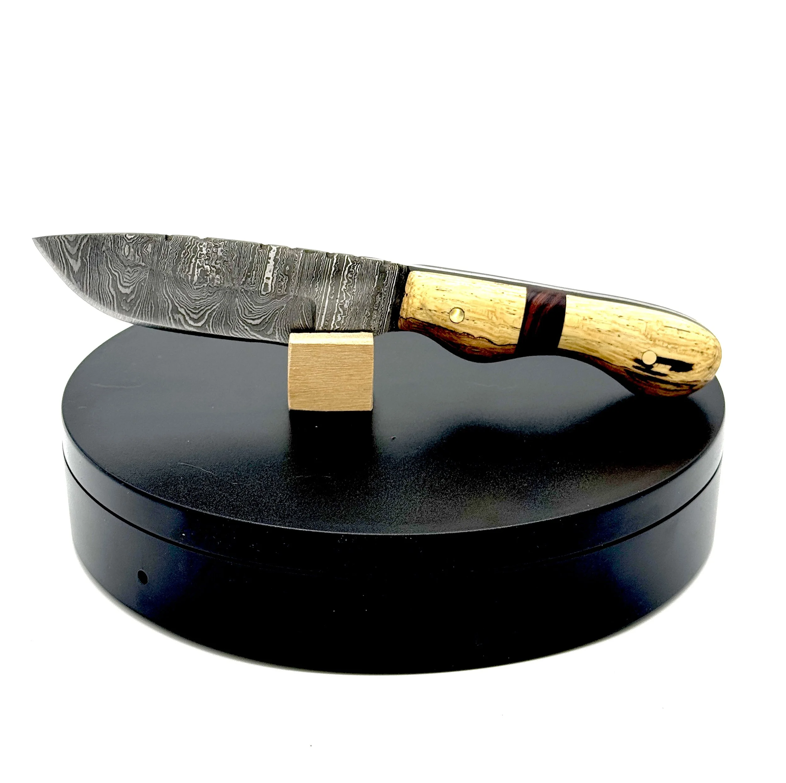 Damascus Steel EDC Knife with Exotic Spalted Oak, Desert Ironwood, and Wenge Wood Handles