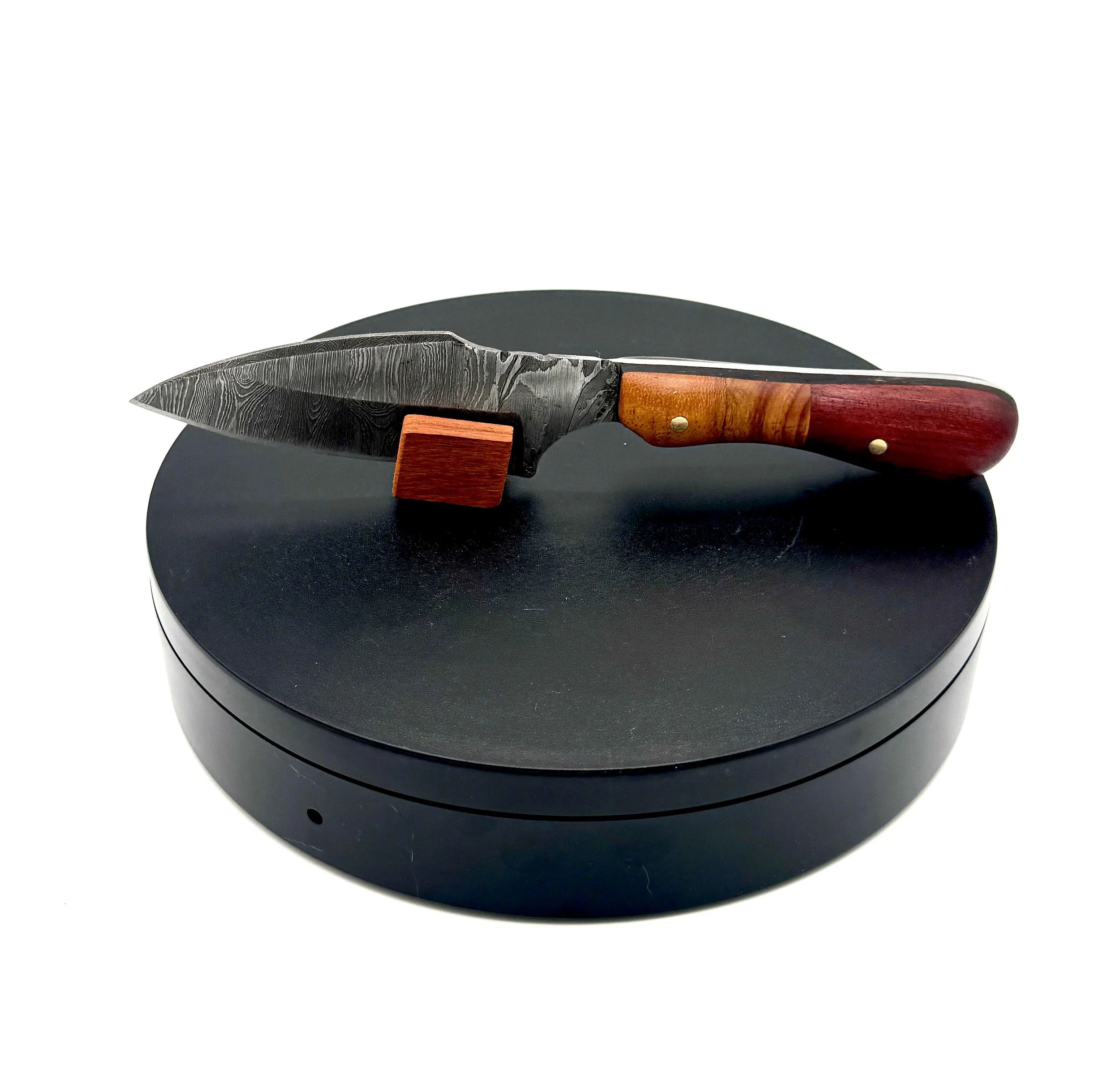 Damascus Steel WDC Knife with Red Heart, Tulipwood, and Yellow Mora Exotic Wood Handle