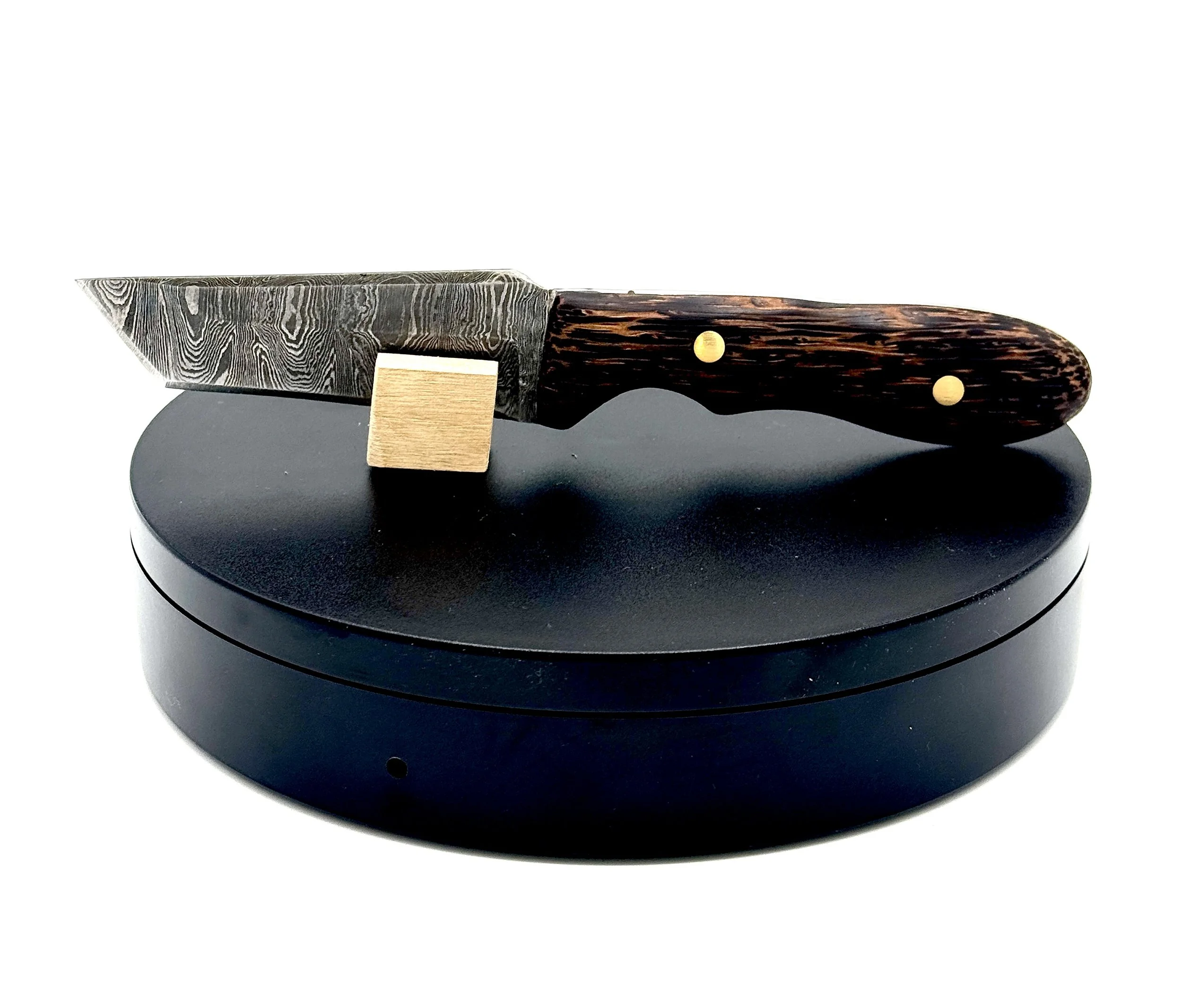 Damascus Steel EDC Knife with Black Palmwood and Brass Pins