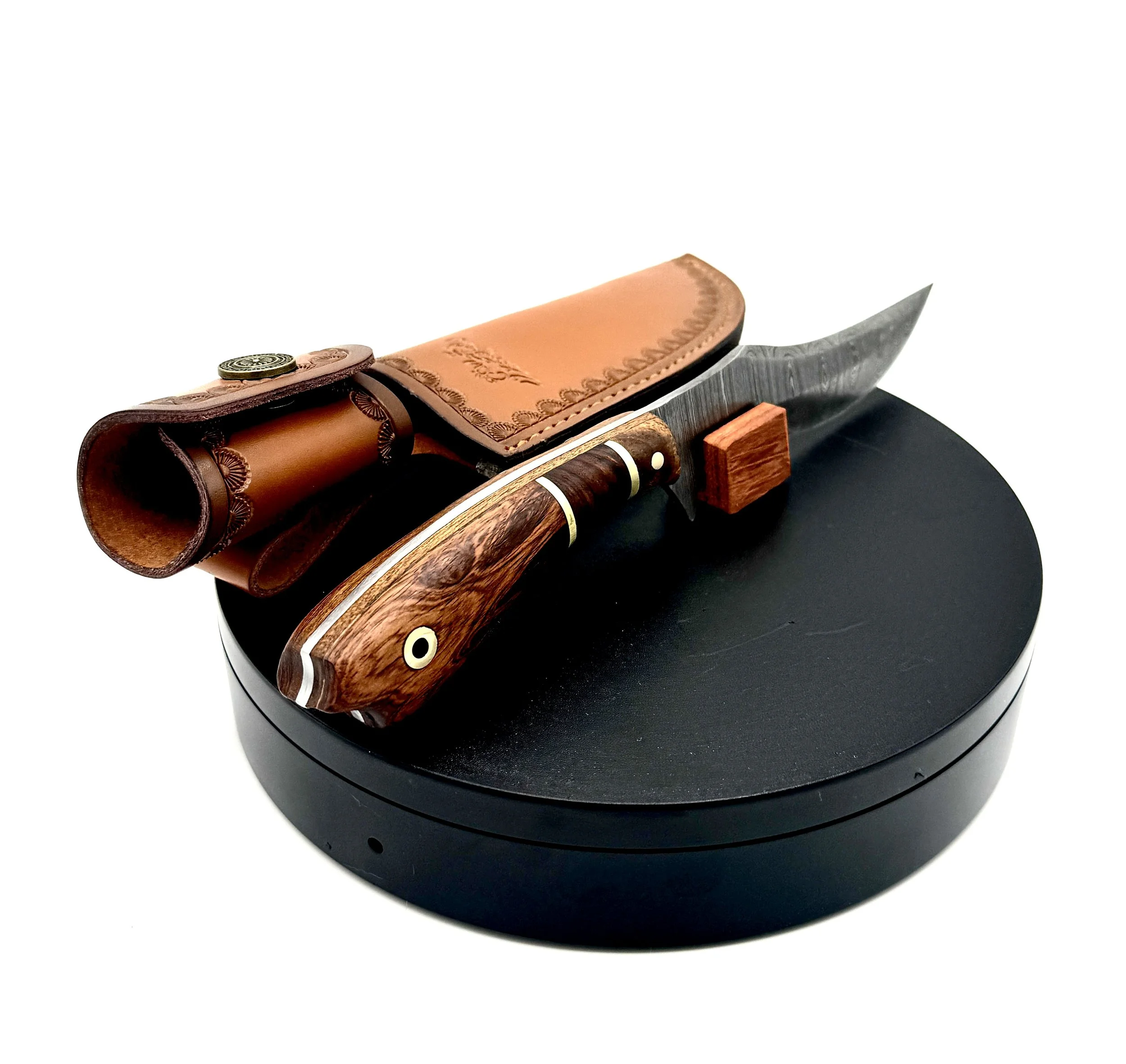 Damascus Steel EDC Knife with Honduran Rosewood, Desert Ironwood, and Neem Burl Exotic Wood Handle
