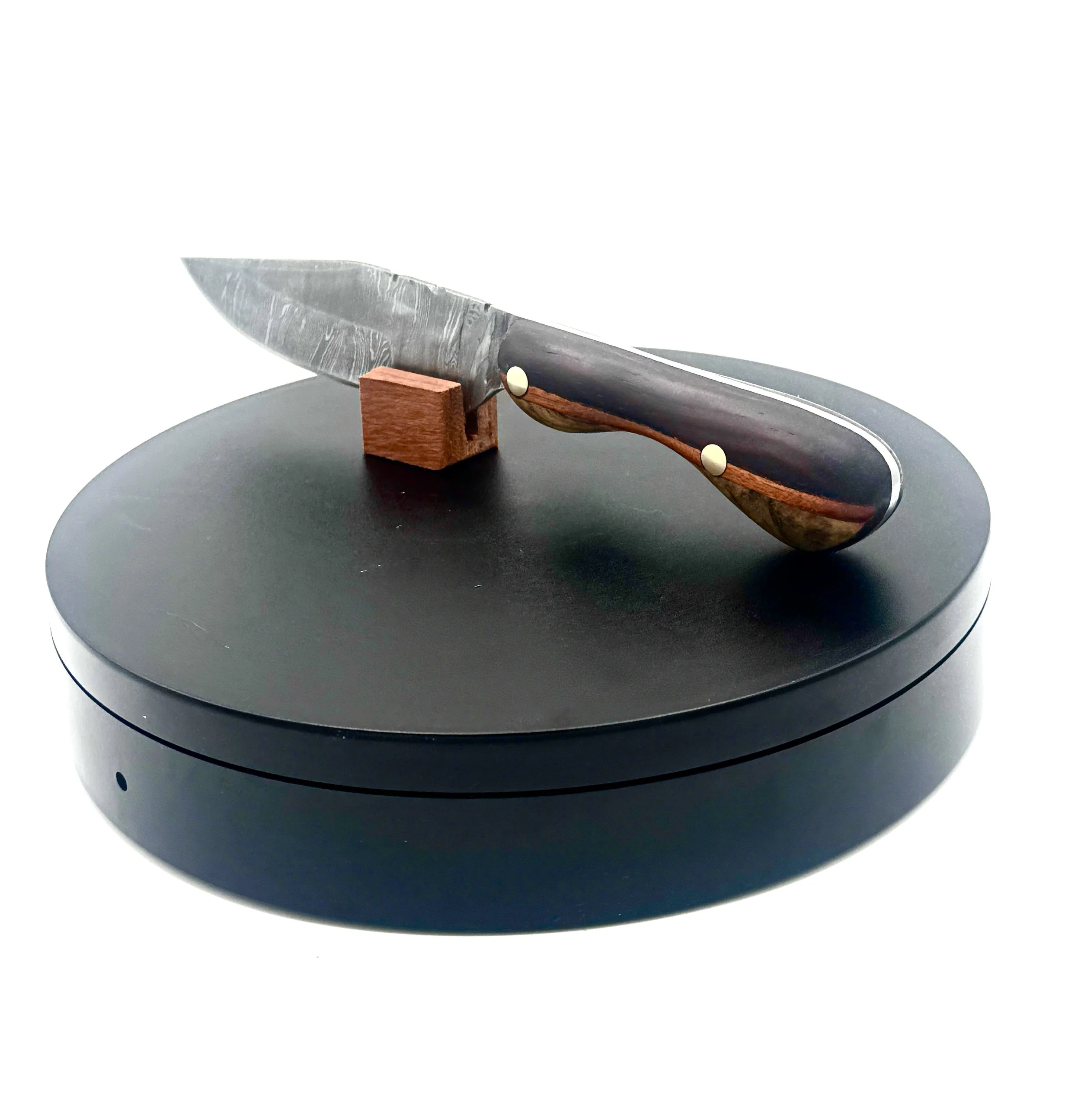 Damascus Steel EDC Knife with Exotic Cocobolo, Neem Burl, and Wenge Wood Handle