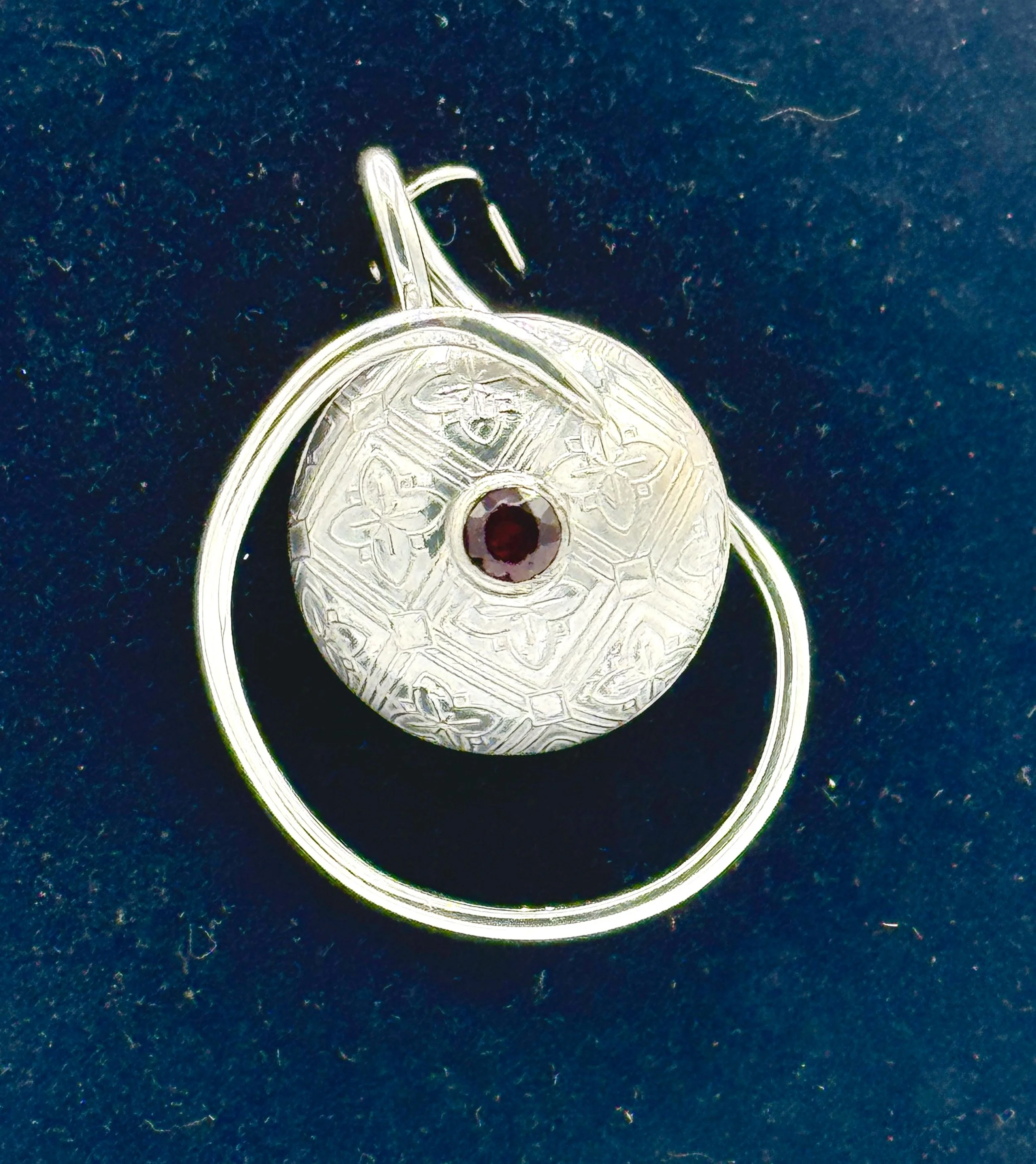 Sterling Pattern Bead Pendant with Red Garnet