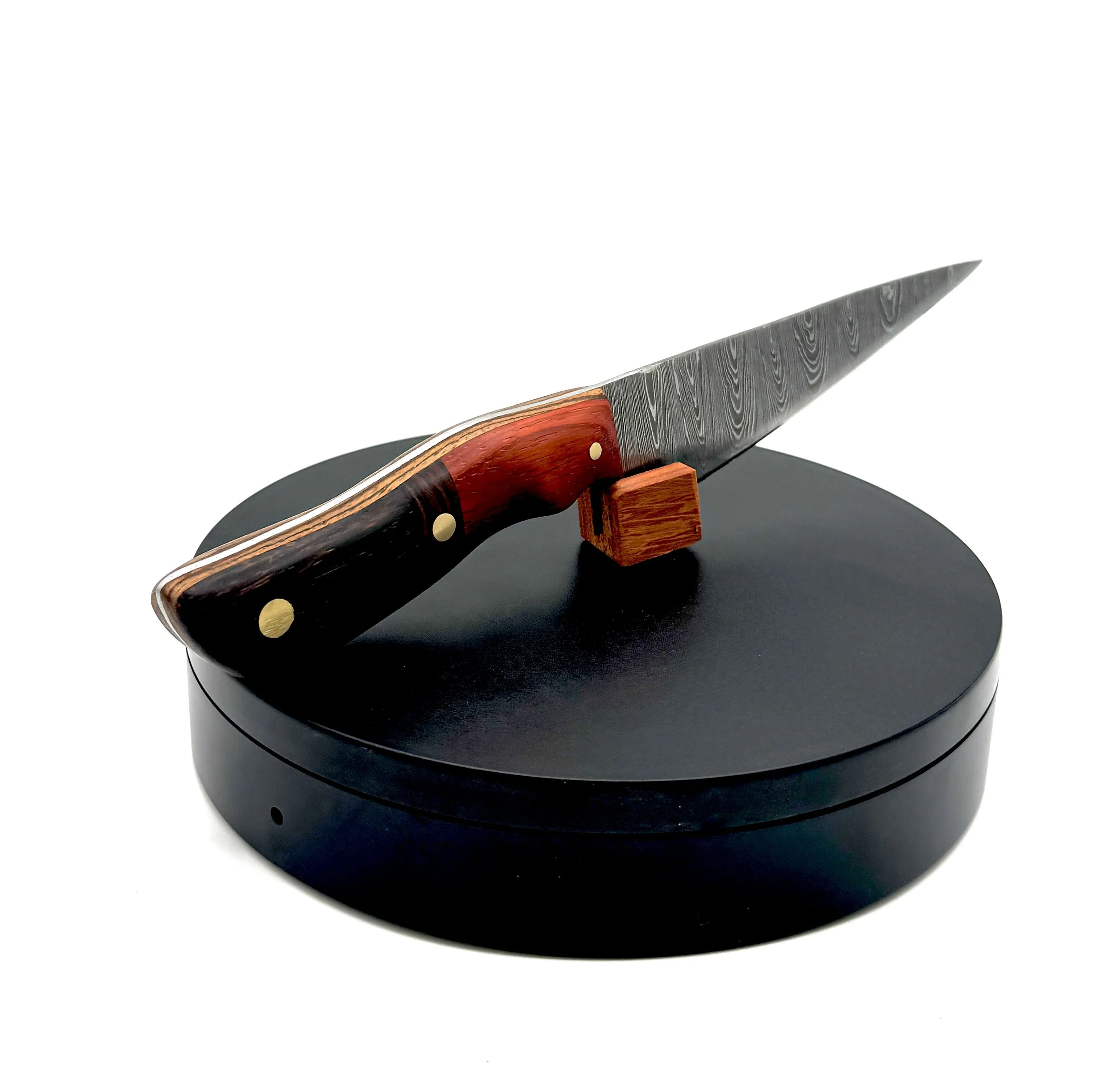 Damascus Steel Garasuki Knife with Padauk, Black Palm, and Desert Ironwood Exotic Wood Scales.