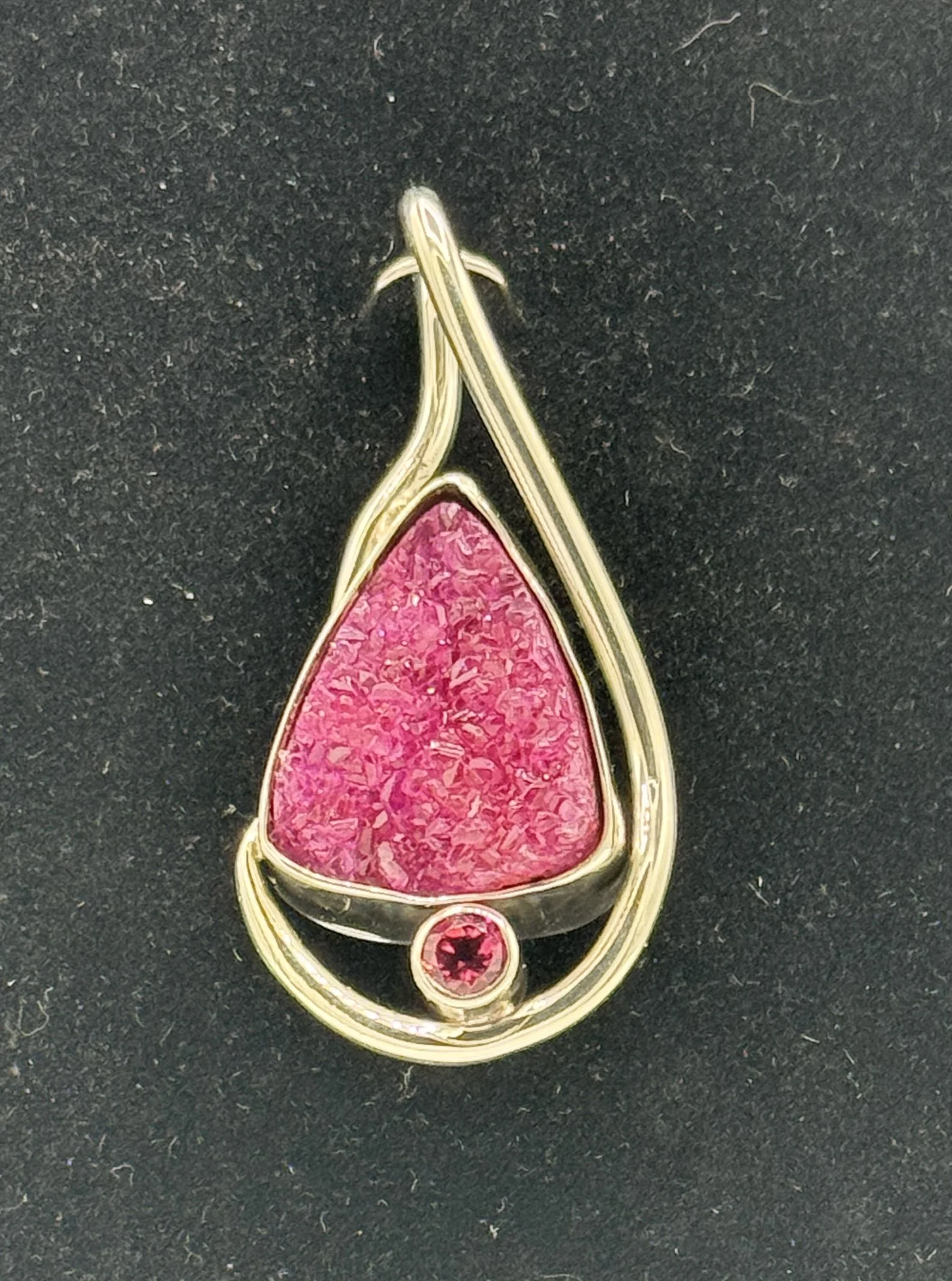 Drusy Cobaltian Calcite with Pink Tourmaline in Sterling