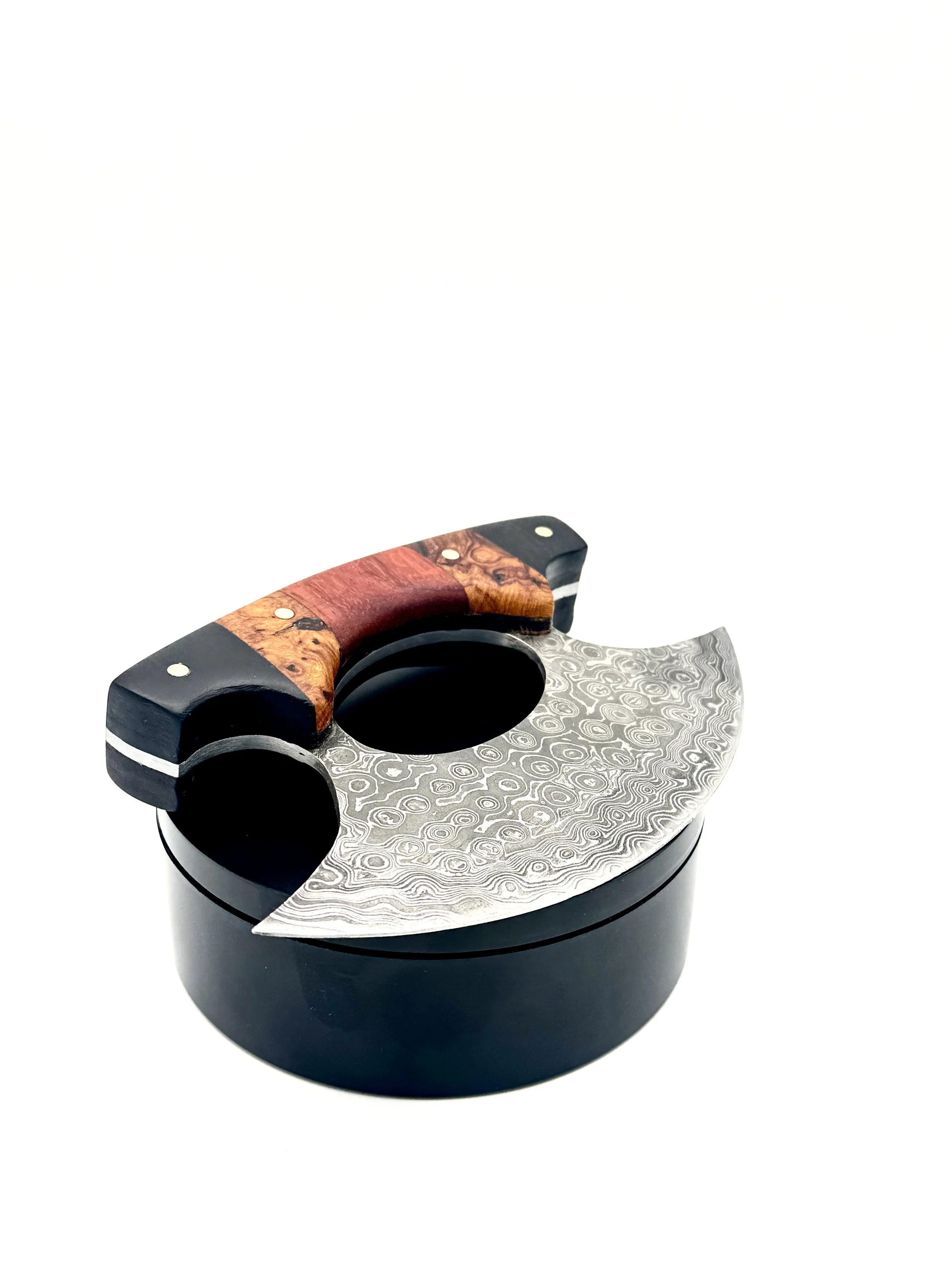 Damascus Steel ULU Blade with Mpingo, Red Amboyna Burl, and Padauk Exotic Wood Handle