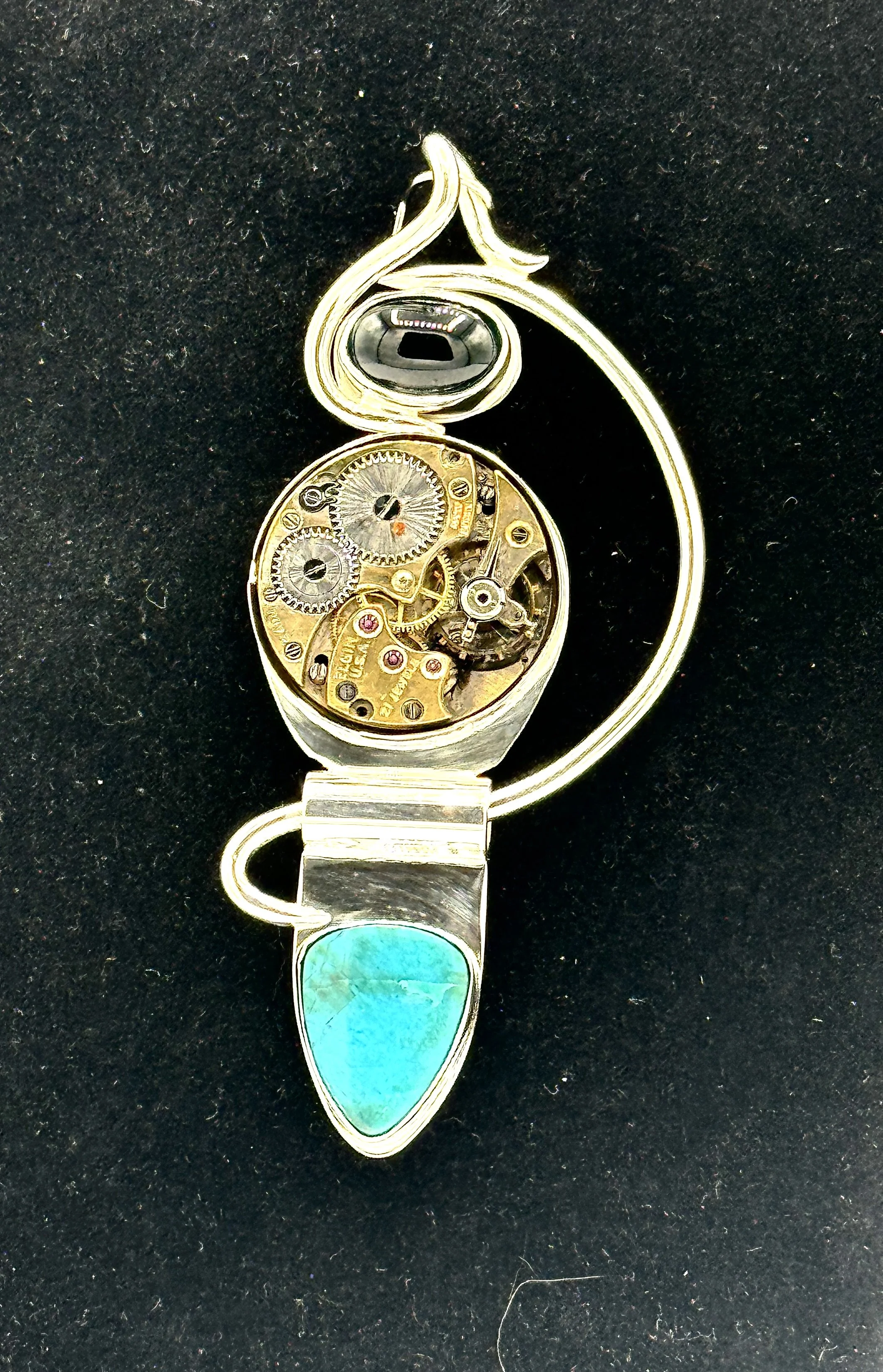 Steam Punk Pendant in Blue Tourmaline and Chrysocolla