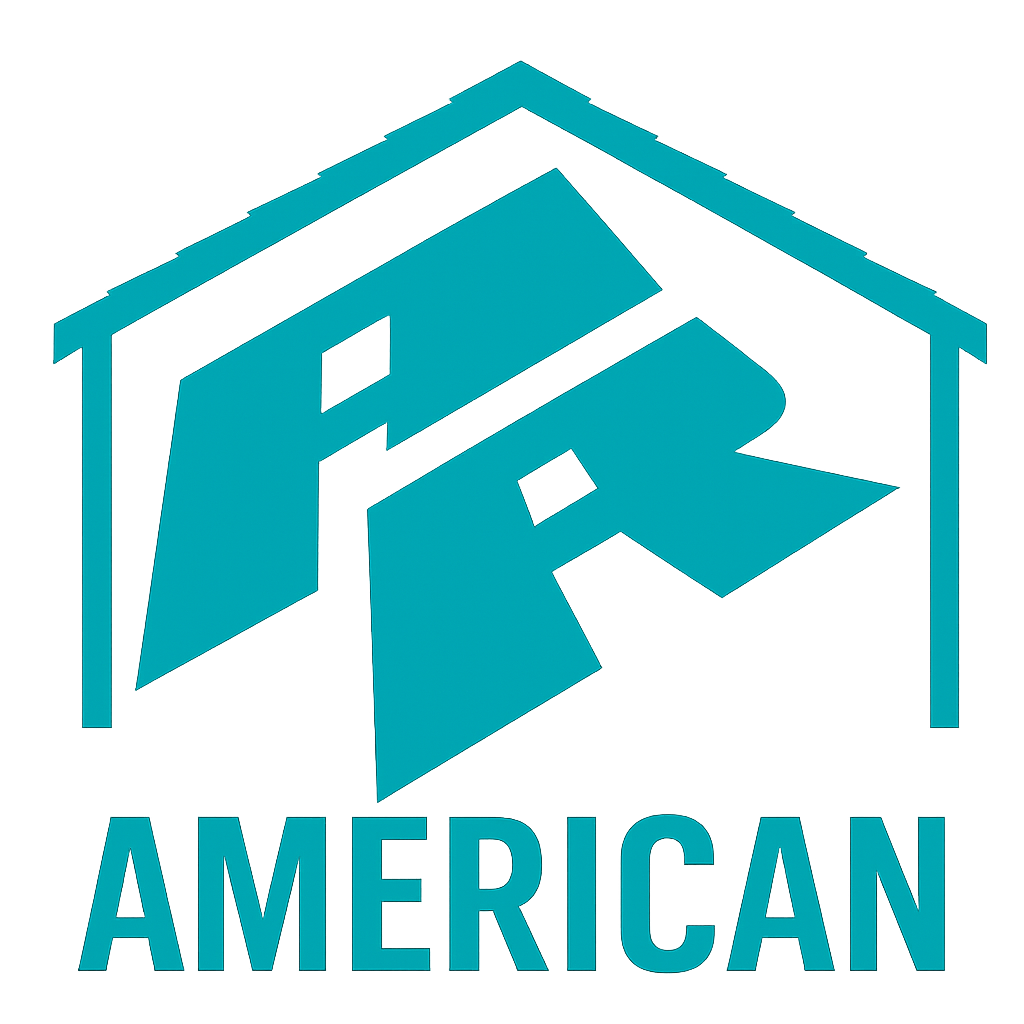 A blue outline of a house with a stylized 'AR' inside, and the word 'AMERICAN' beneath it.