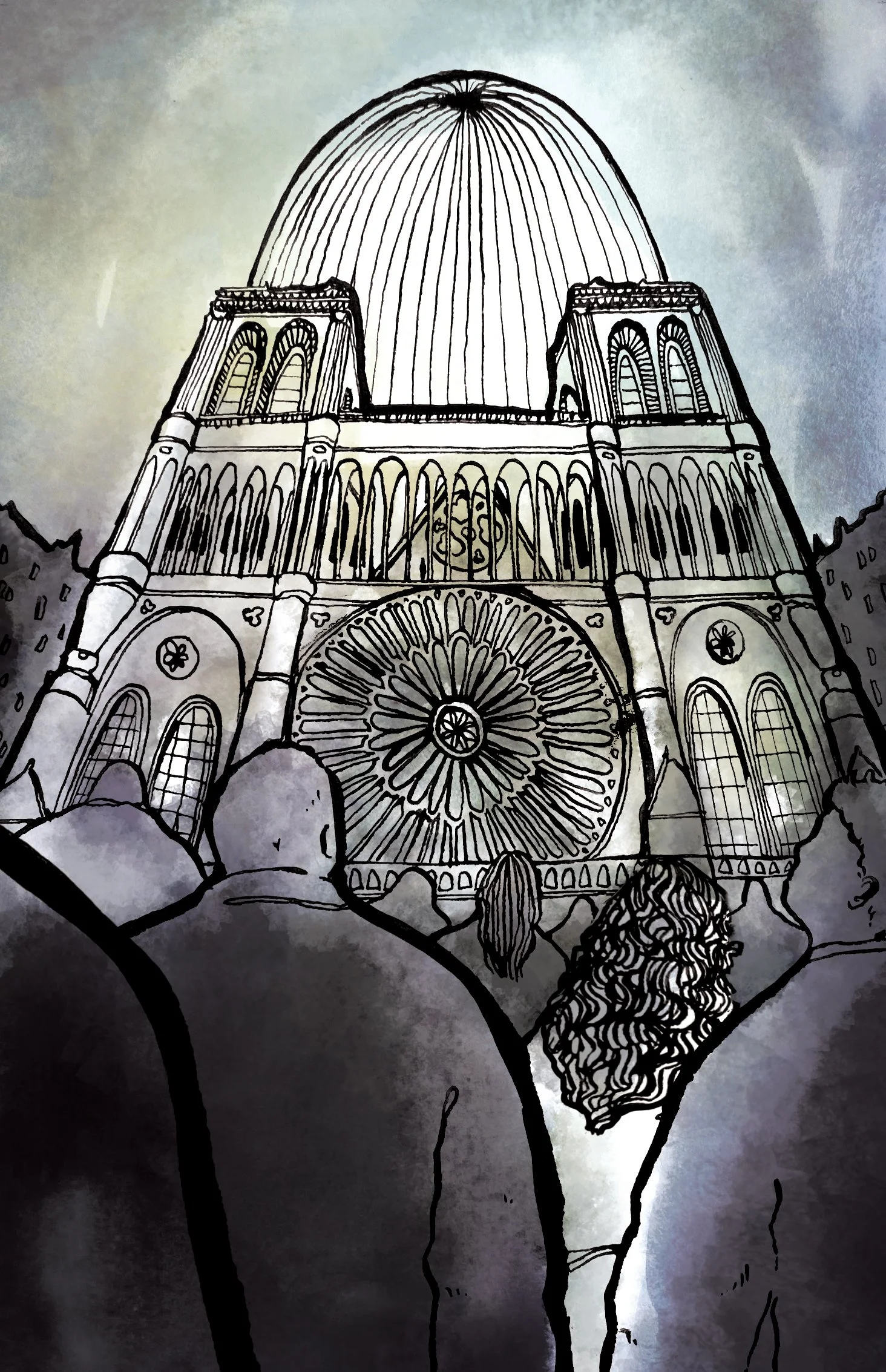 Colorful drawing of a cathedral with a large dome, stained glass windows, and ornate architectural details, viewed from a pathway lined with bushes and trees.
