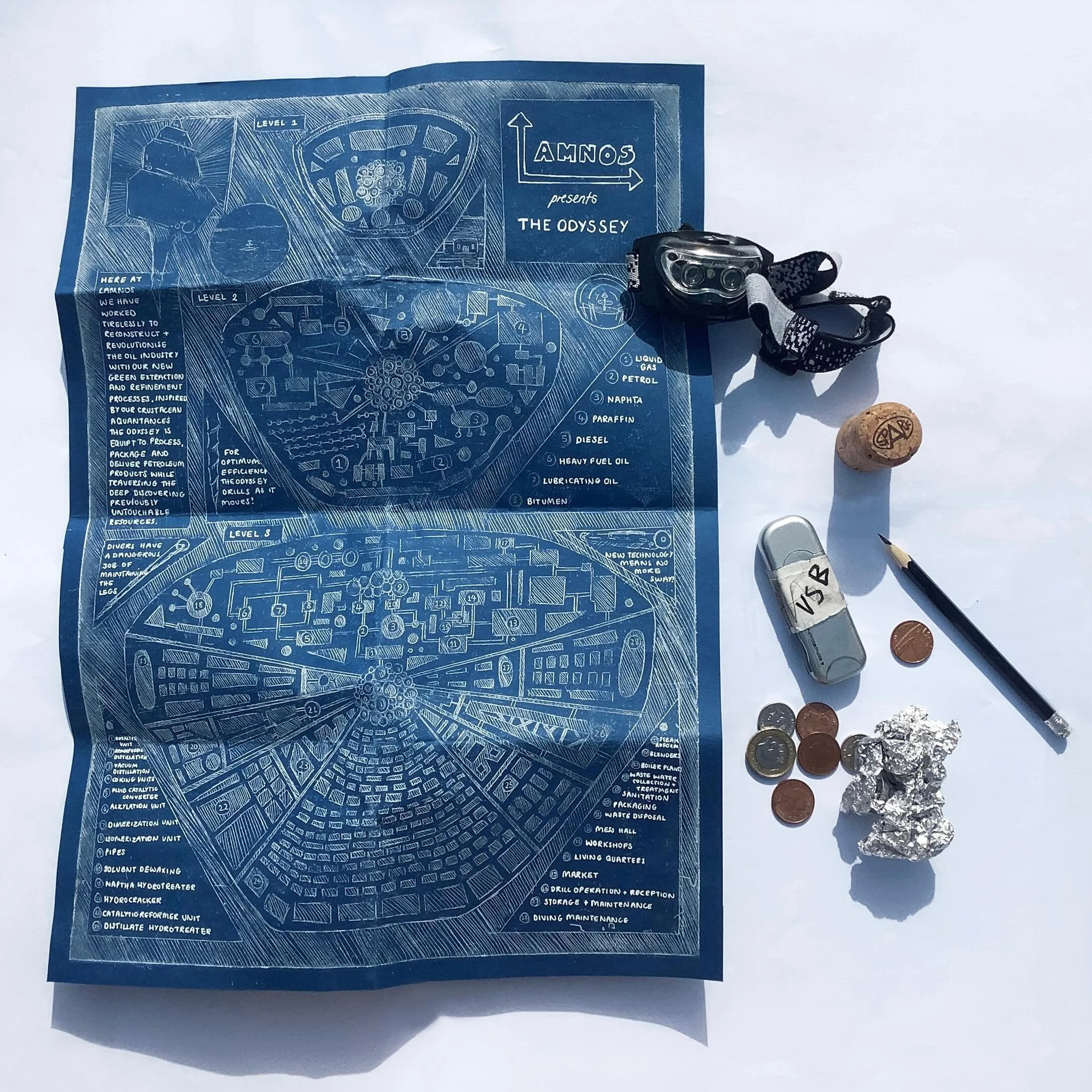 The outcome of my Imagine an Island project - an A3 etching in white on blue card.

Once the world falls to ruin in the aftermath of a war over the last drops of oil, LAMNOS, a gluttonous mega-corporation arises with an answer. Assuming control, they