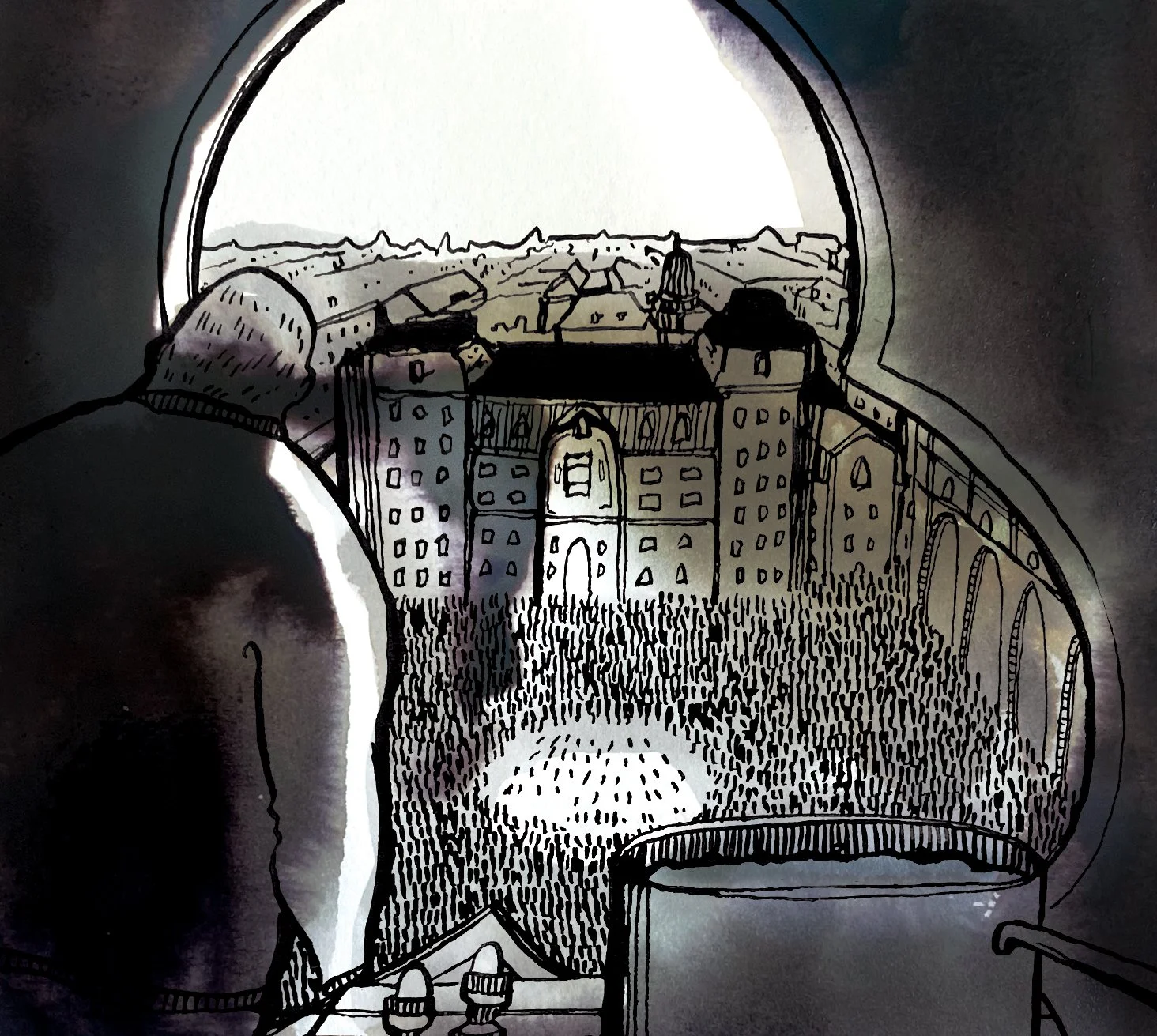 A black and white sketch of a cityscape viewed from a high vantage point through an arched window, with a person in the foreground looking out at the city.