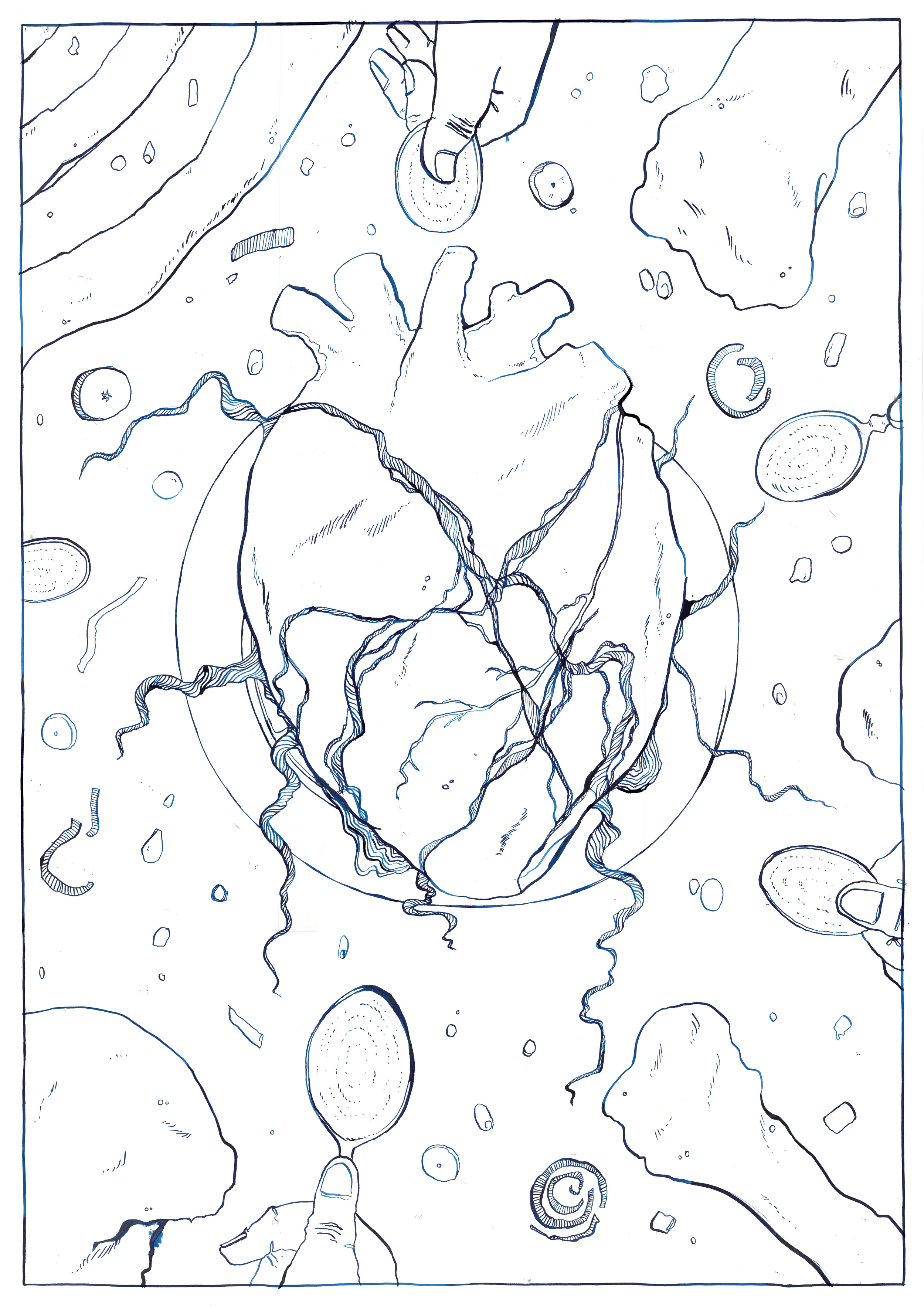 Line drawing of a human hand reaching down towards a cracked surface with various rocks, circular objects, and abstract shapes scattered across the scene.