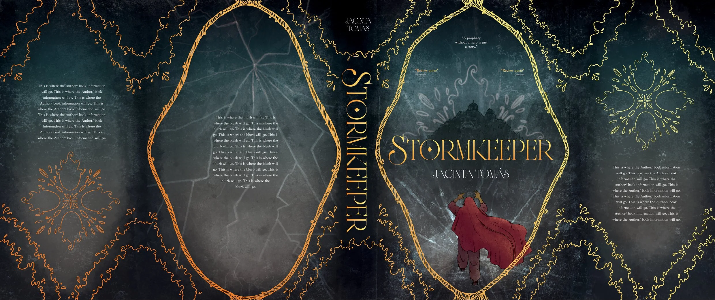 Book cover for 'Stormkeeper' by Jacinta Tomas. The cover features a dark background with intricate gold and orange line designs, a small figure with long red hair and a red cloak from behind, and a mountain with swirling patterns of smoke or mist. The title 'Stormkeeper' is prominently displayed, along with author information and placeholder text for additional book details.