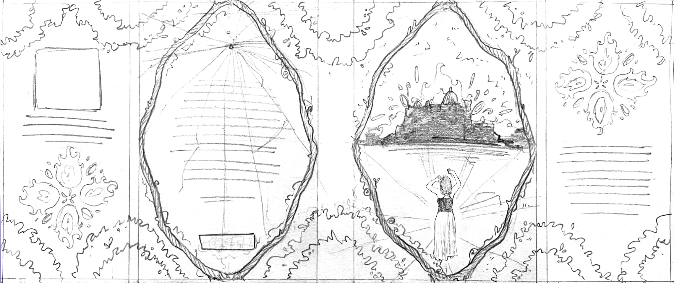A detailed hand-drawn sketch of a design plan featuring two prominently outlined oval-shaped design elements surrounded by floral and geometric decorative motifs.