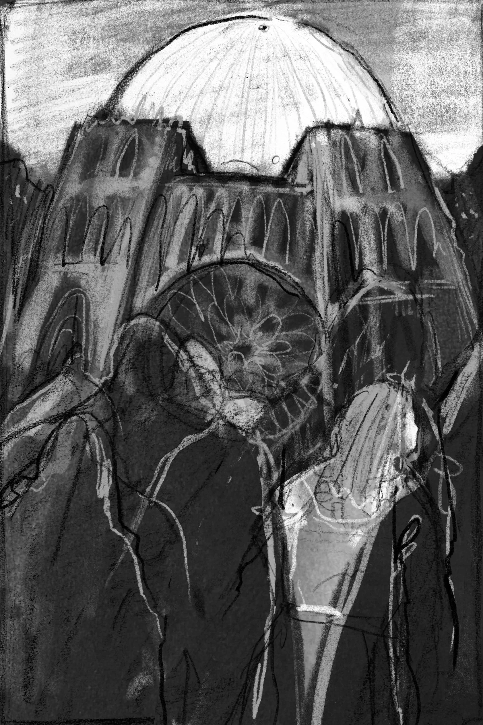 Sketch of a person with long hair, holding a large flower, and standing in front of a backdrop with a large, round moon or sun.