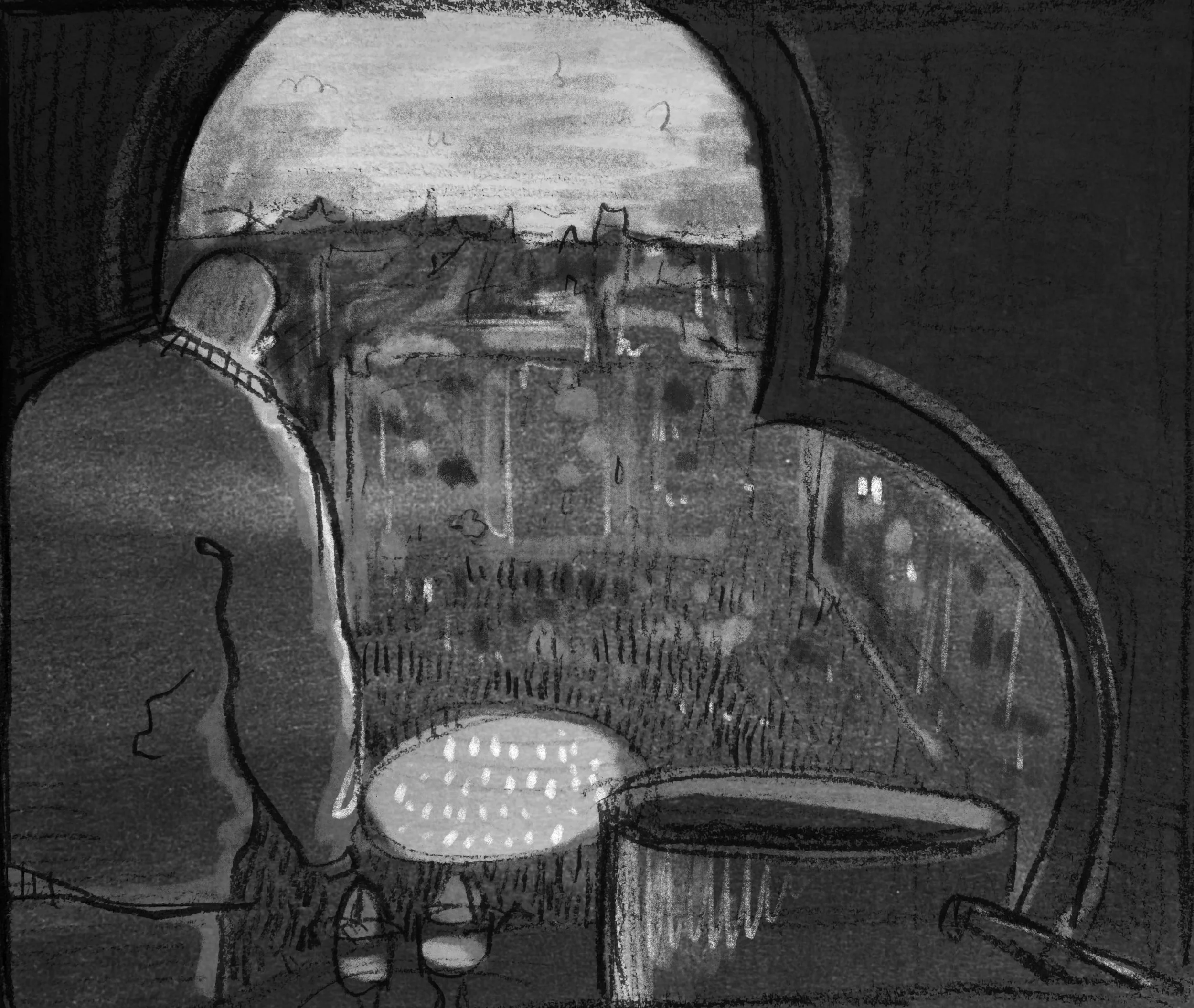 Black and white sketch of a person wearing a hat, looking out of a rounded window at a landscape with buildings, trees, and a cloudy sky.