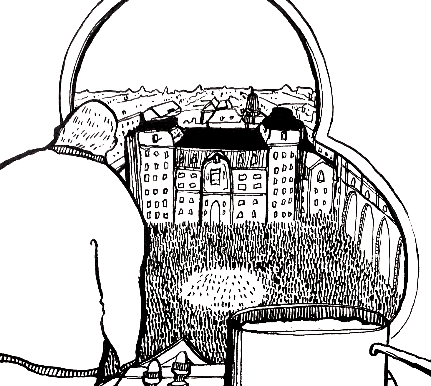 Drawing of a person with short hair looking out from a castle-like window, overlooking a town with buildings, a church steeple, and a landscape in the background.