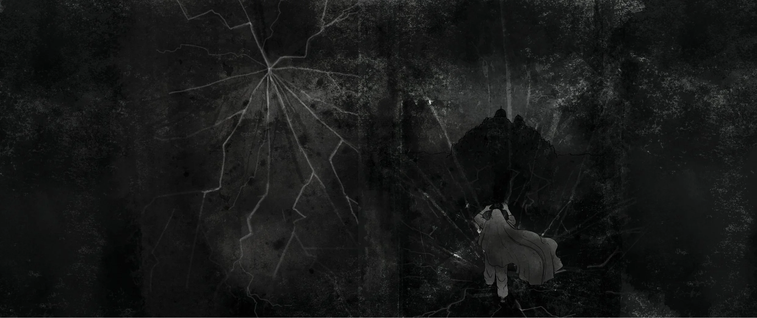 Dark, surreal digital illustration depicting a person with long hair walking towards a distant haunted castle surrounded by spiderwebs and shadows, creating a mysterious and eerie atmosphere.