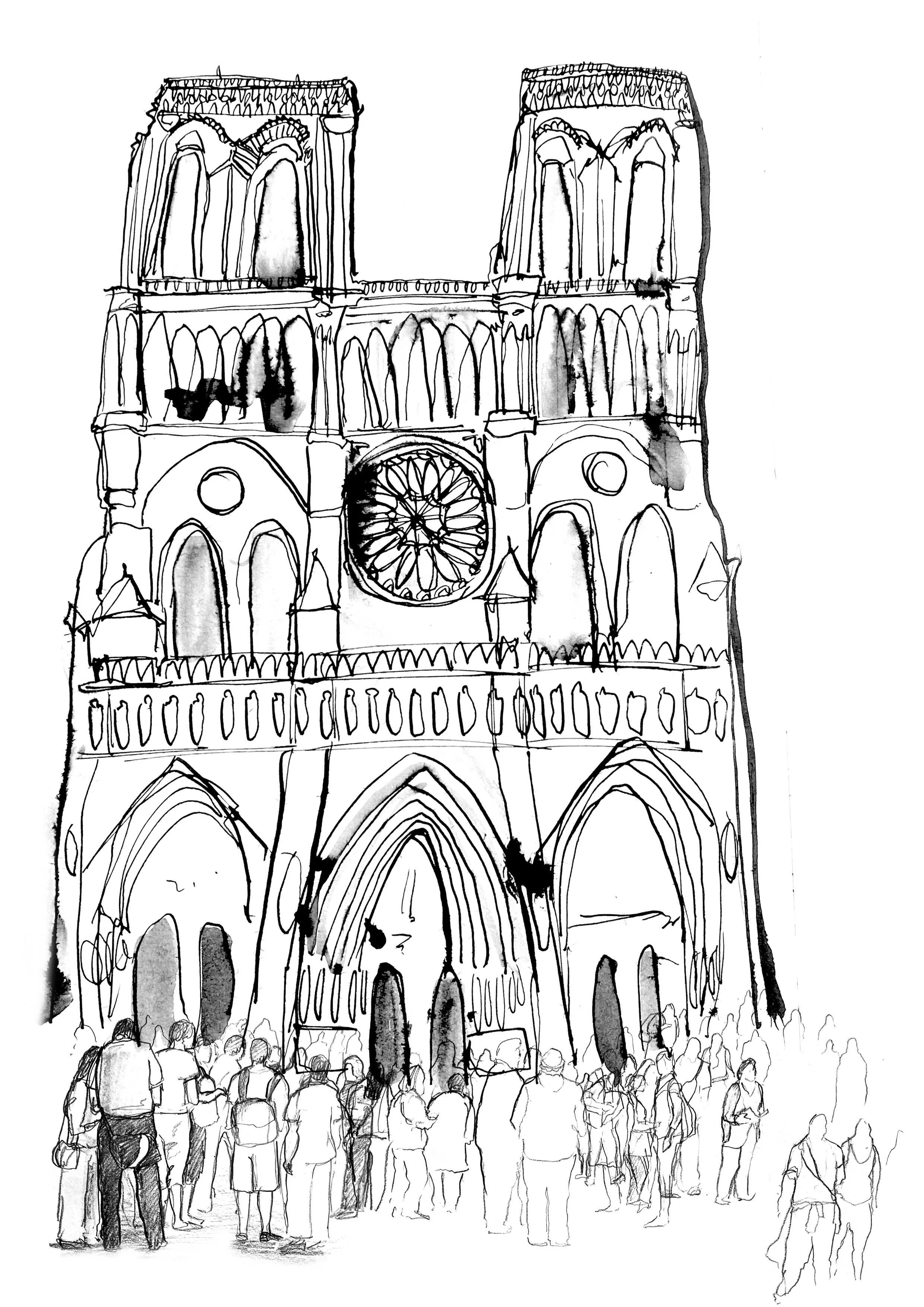 Sketch of Notre Dame Cathedral's facade with crowds of people in front.