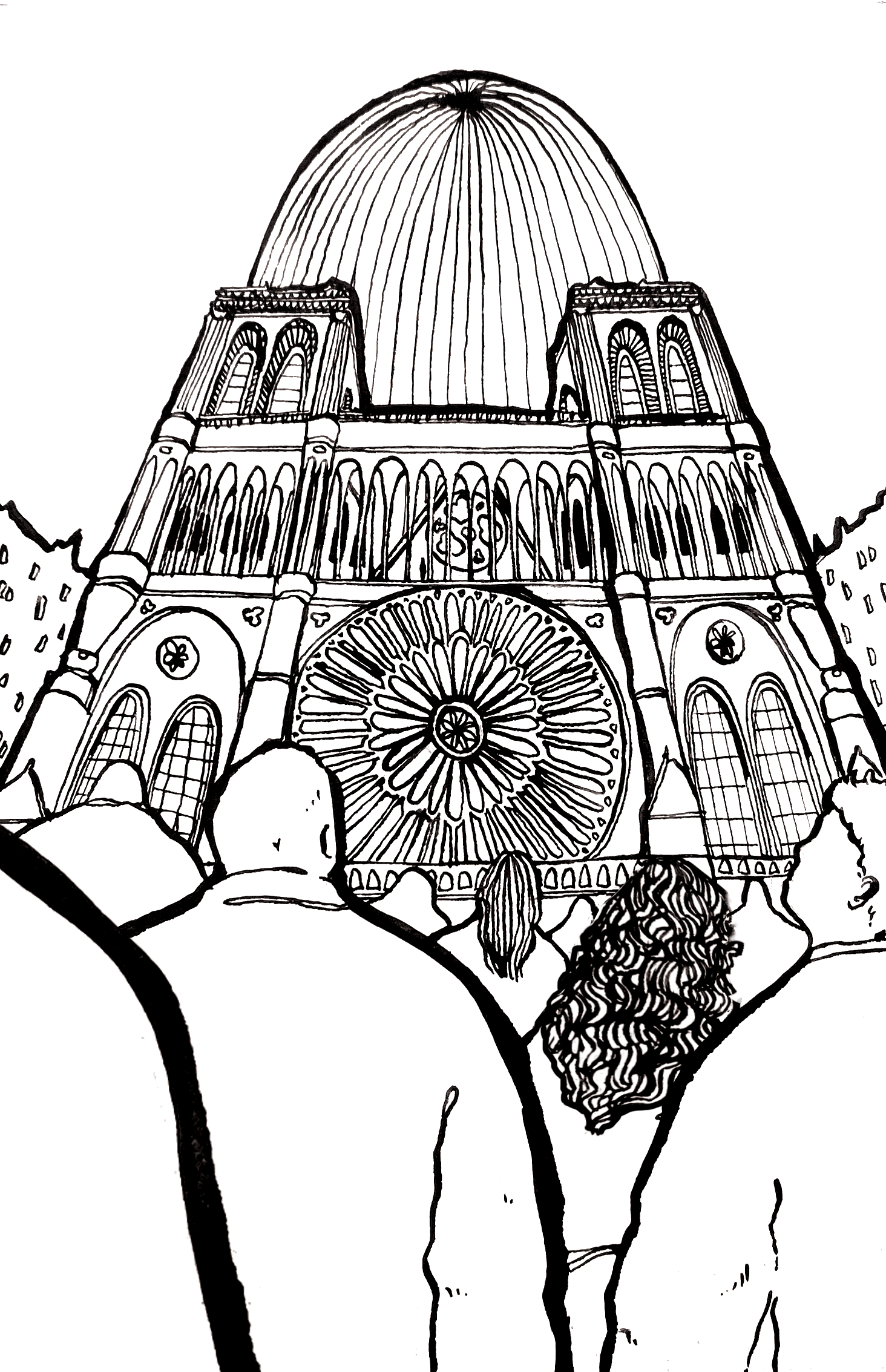 Line drawing of a large cathedral with a rose window, two towers, and a prominent dome, viewed from the front with trees and people in the foreground.