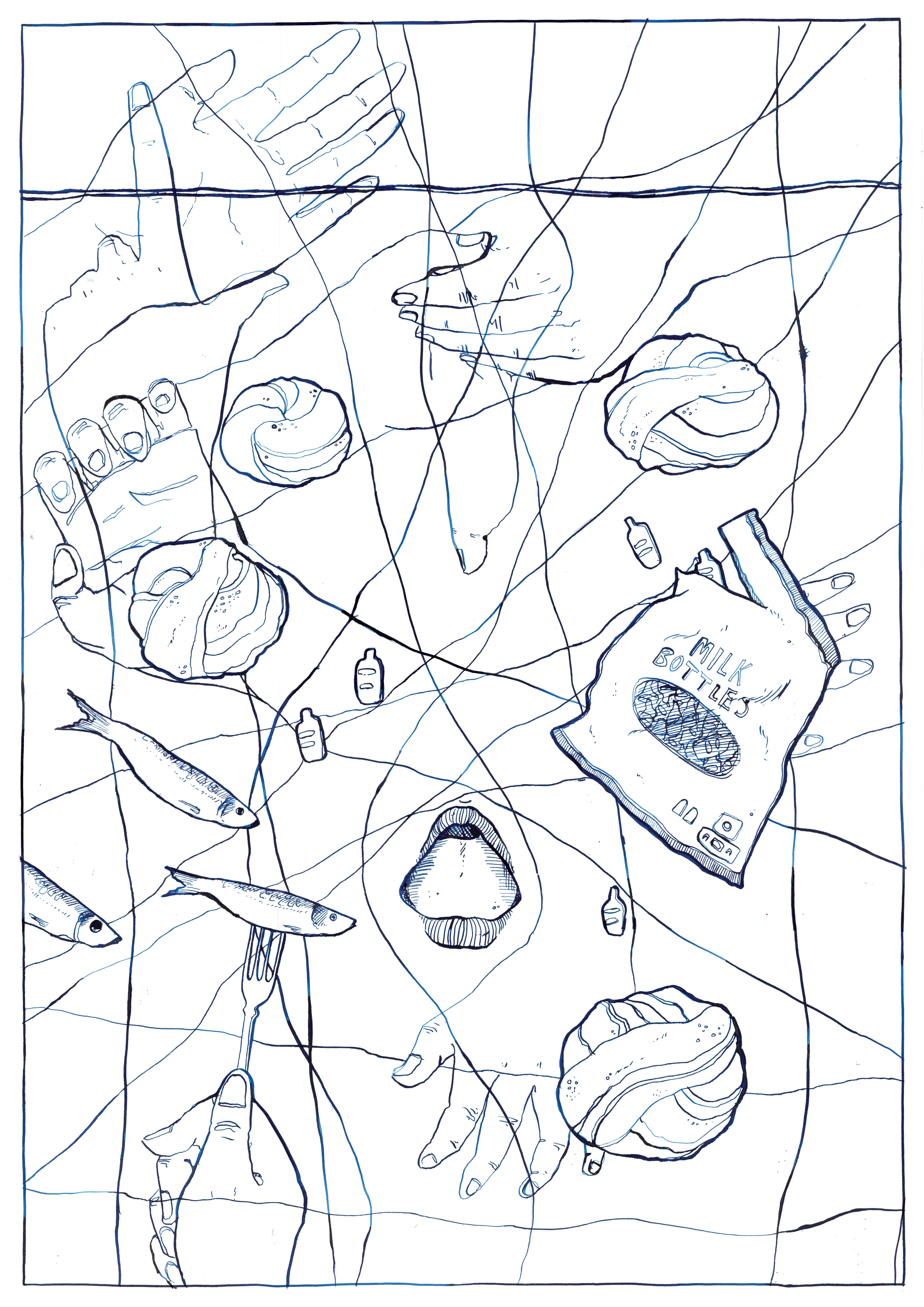 Line drawing of hands reaching for bread rolls, a fish, a milk bottle, and other objects on a table, with a bag labeled 'milk bottles'.