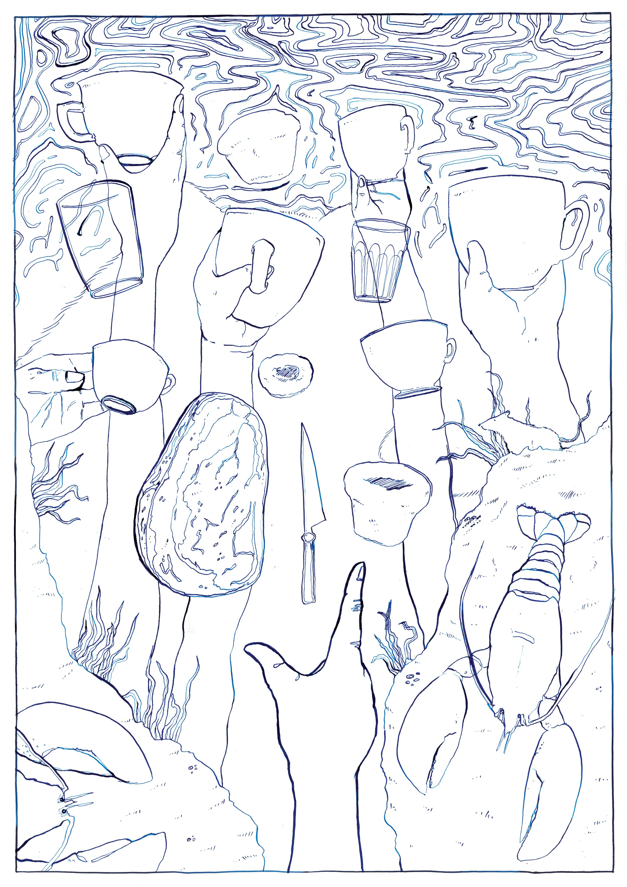 People holding cups and glasses, with a table of snacks and a lemon wedge, depicted in a minimalist line drawing style.