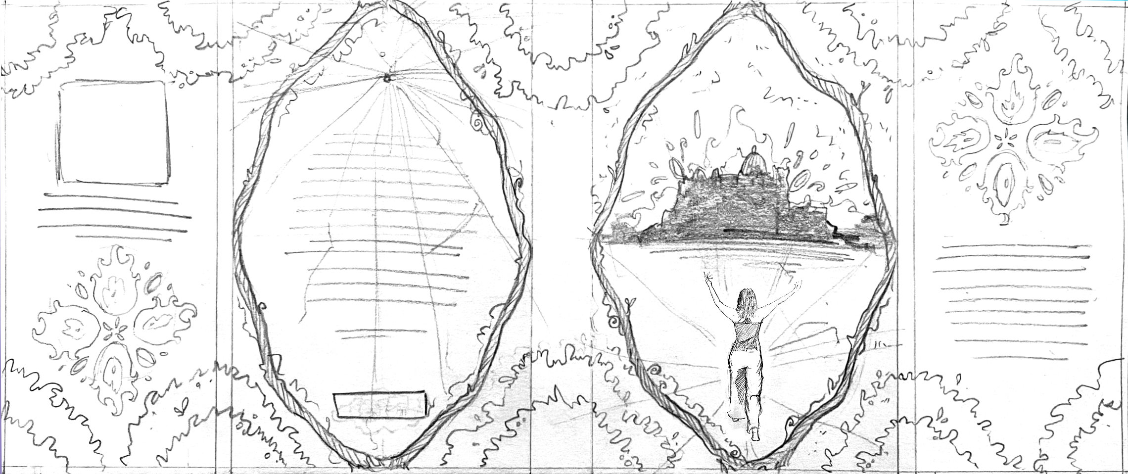 A detailed hand-drawn sketch featuring two large tree trunk cross-sections. The left section shows an inclined pathway or bridge leading to a small structure or platform, surrounded by foliage. The right section depicts a woman with arms raised, standing in front of a large temple or pyramid on an open landscape, with clouds and trees in the background. Decorative floral patterns are drawn around the cross-sections.